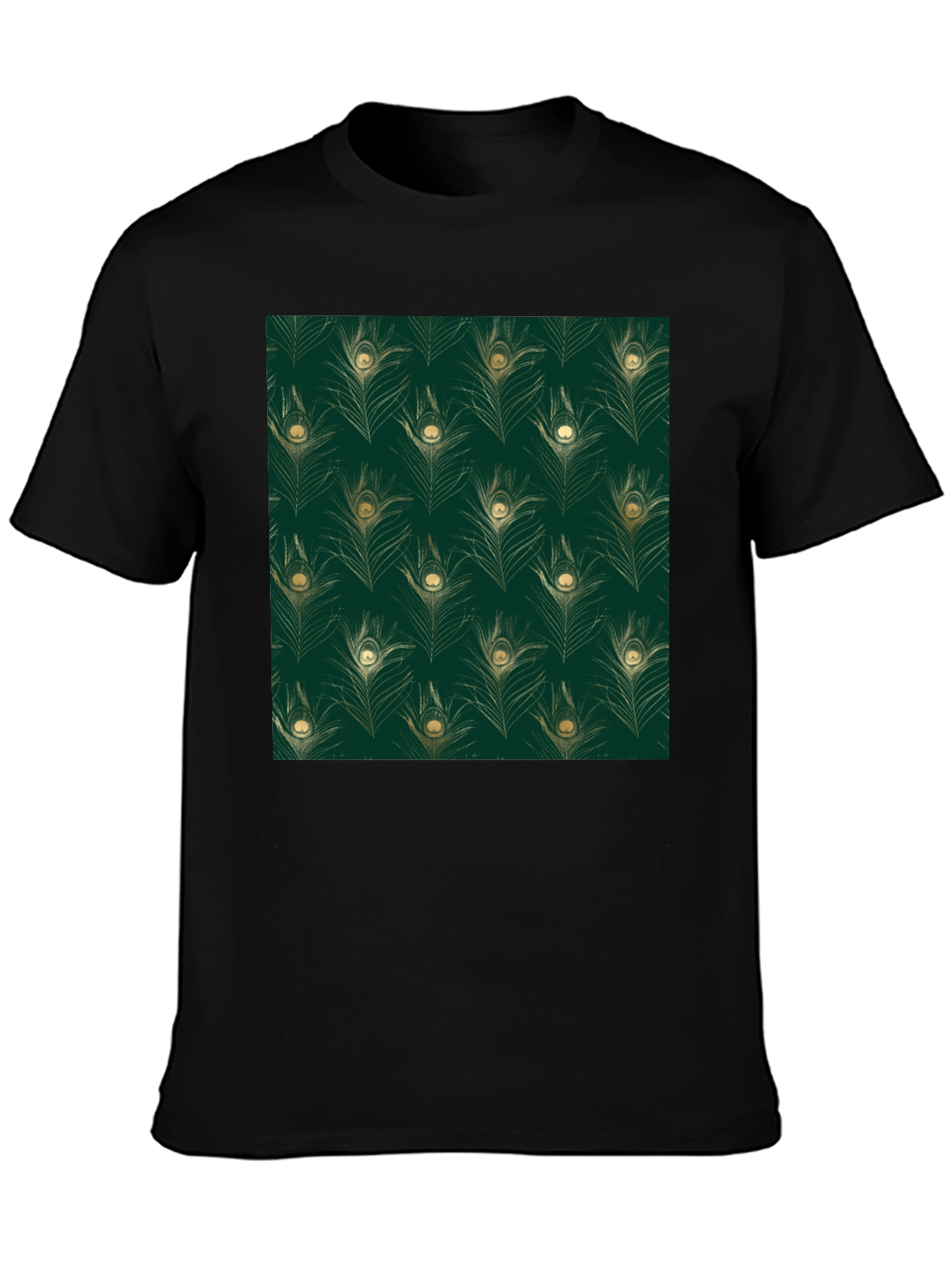 Elegant Peacock Feather Print Black T-Shirt