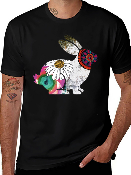 Boho Rabbit Graphic Tee - Mens Black Cotton T-Shirt