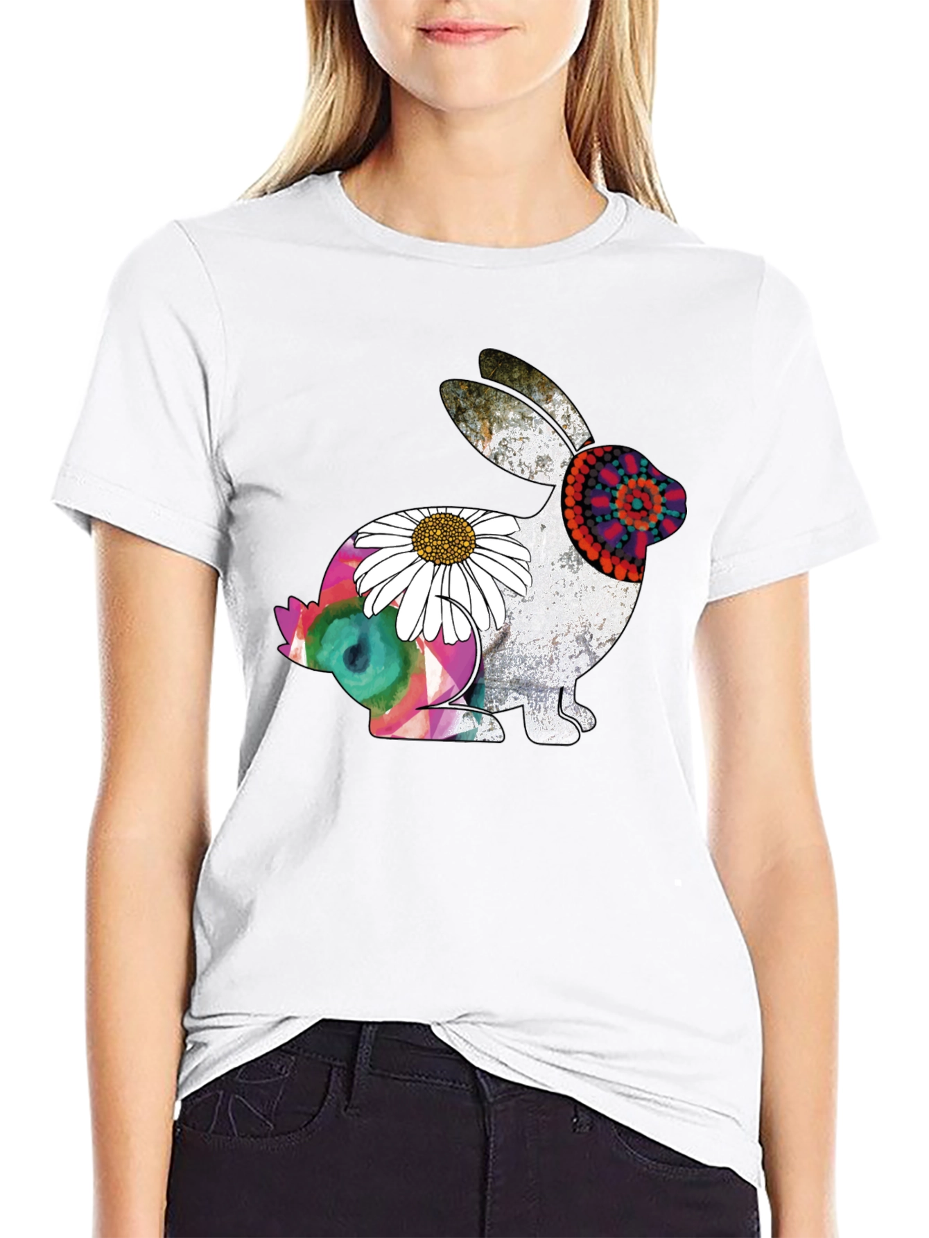 Boho Rabbit Graphic Tee - Mens Black Cotton T-Shirt