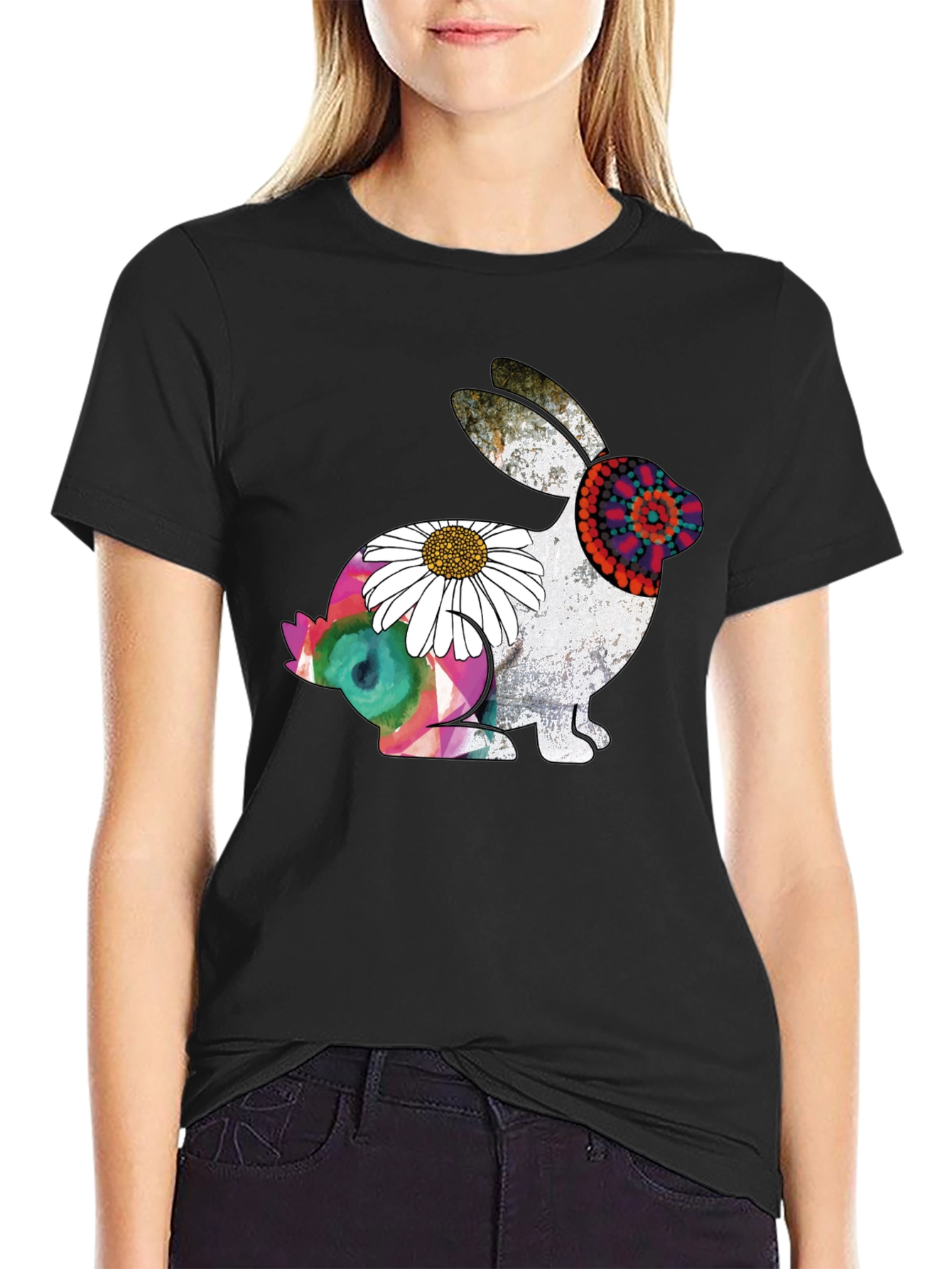 Boho Rabbit Graphic Tee - Mens Black Cotton T-Shirt