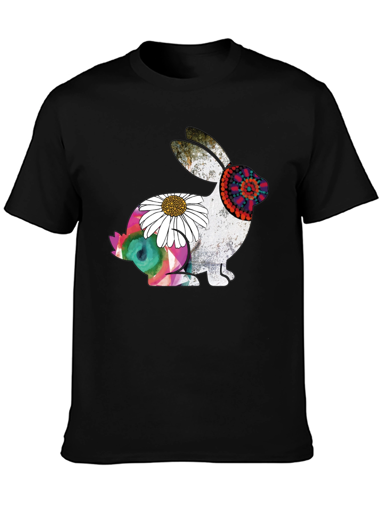 Boho Rabbit Graphic Tee - Mens Black Cotton T-Shirt