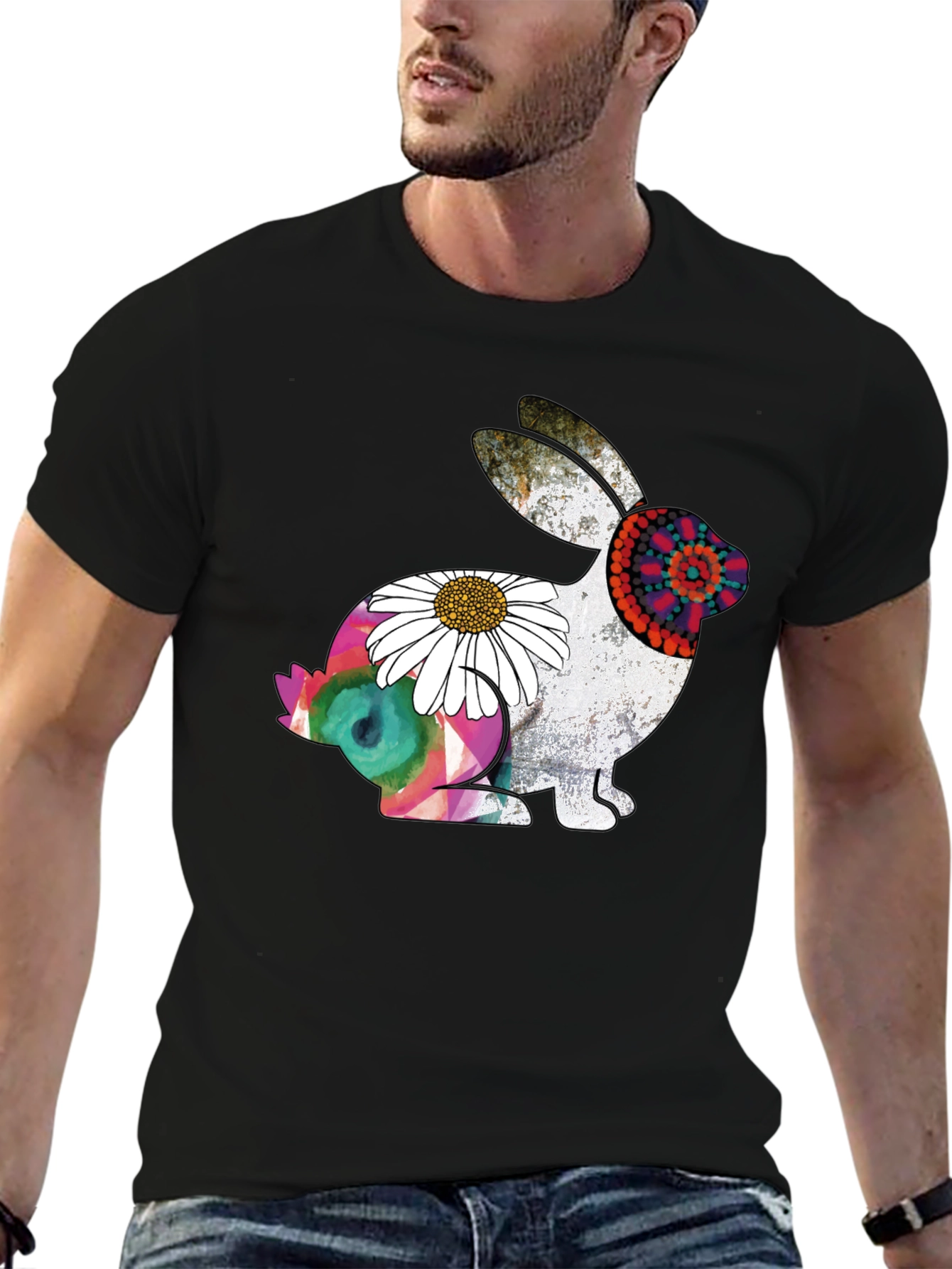 Boho Rabbit Graphic Tee - Mens Black Cotton T-Shirt