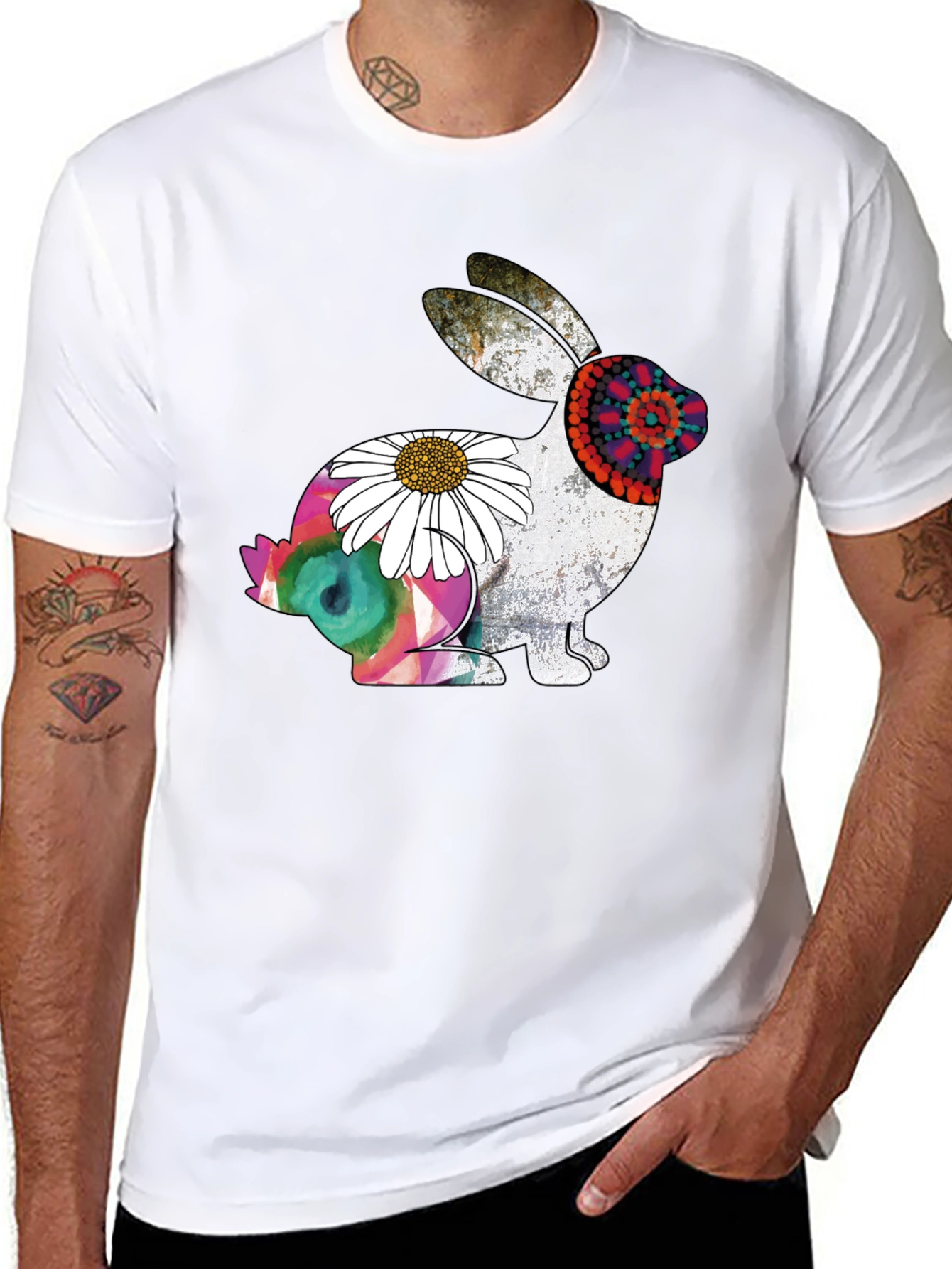 Boho Rabbit Graphic Tee - Mens Black Cotton T-Shirt