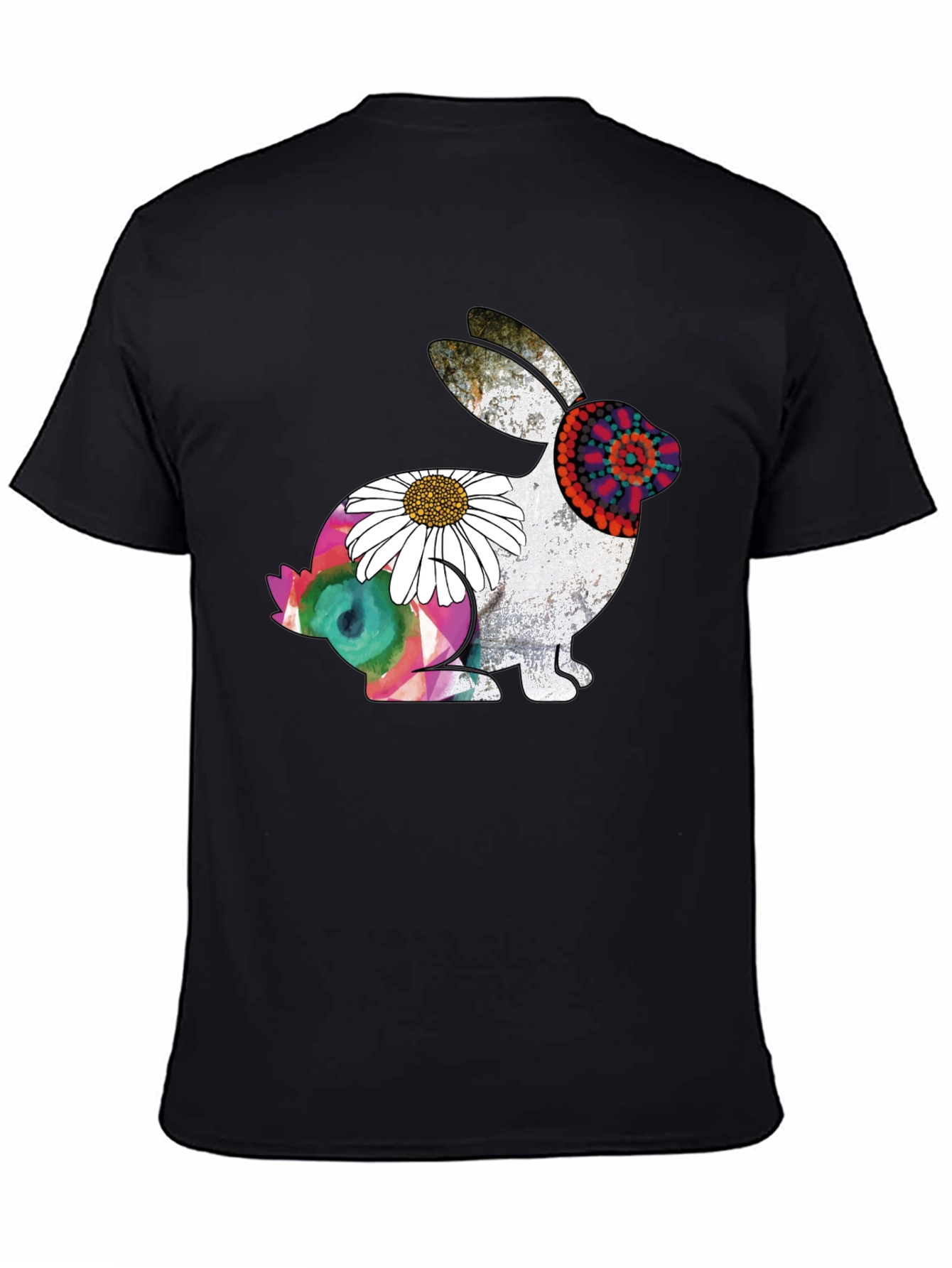 Boho Rabbit Graphic Tee - Mens Black Cotton T-Shirt