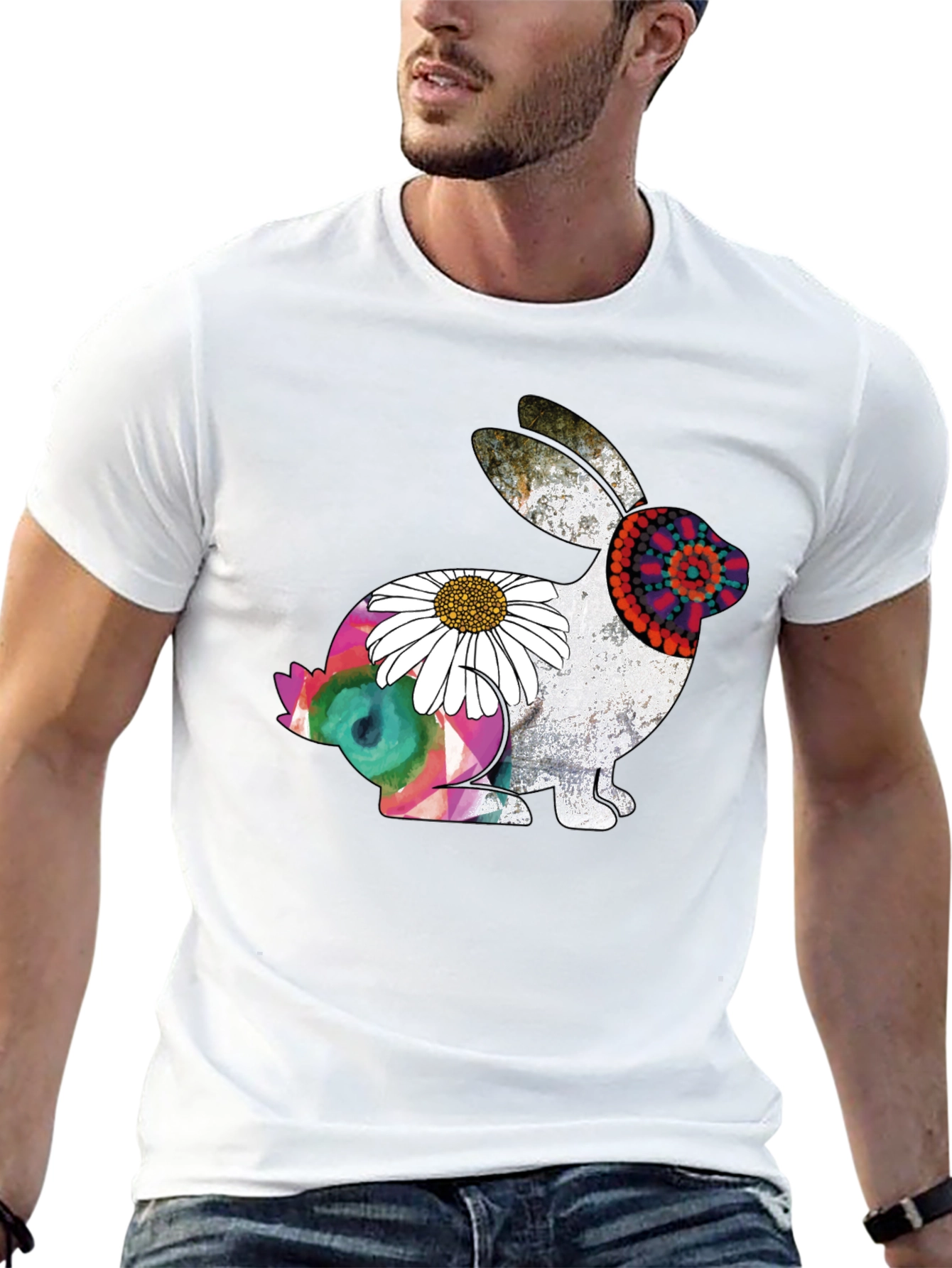 Boho Rabbit Graphic Tee - Mens Black Cotton T-Shirt