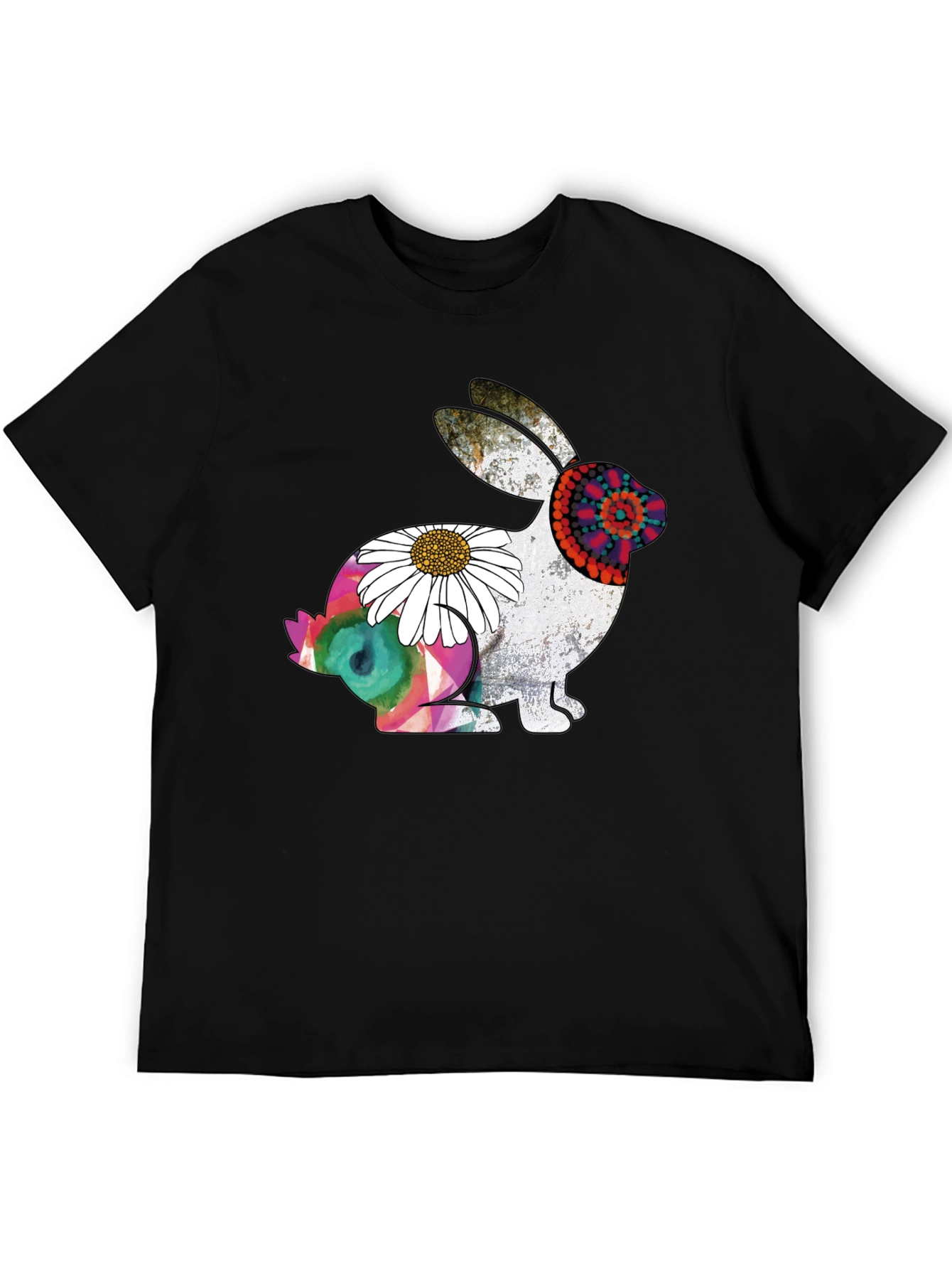 Boho Rabbit Graphic Tee - Mens Black Cotton T-Shirt