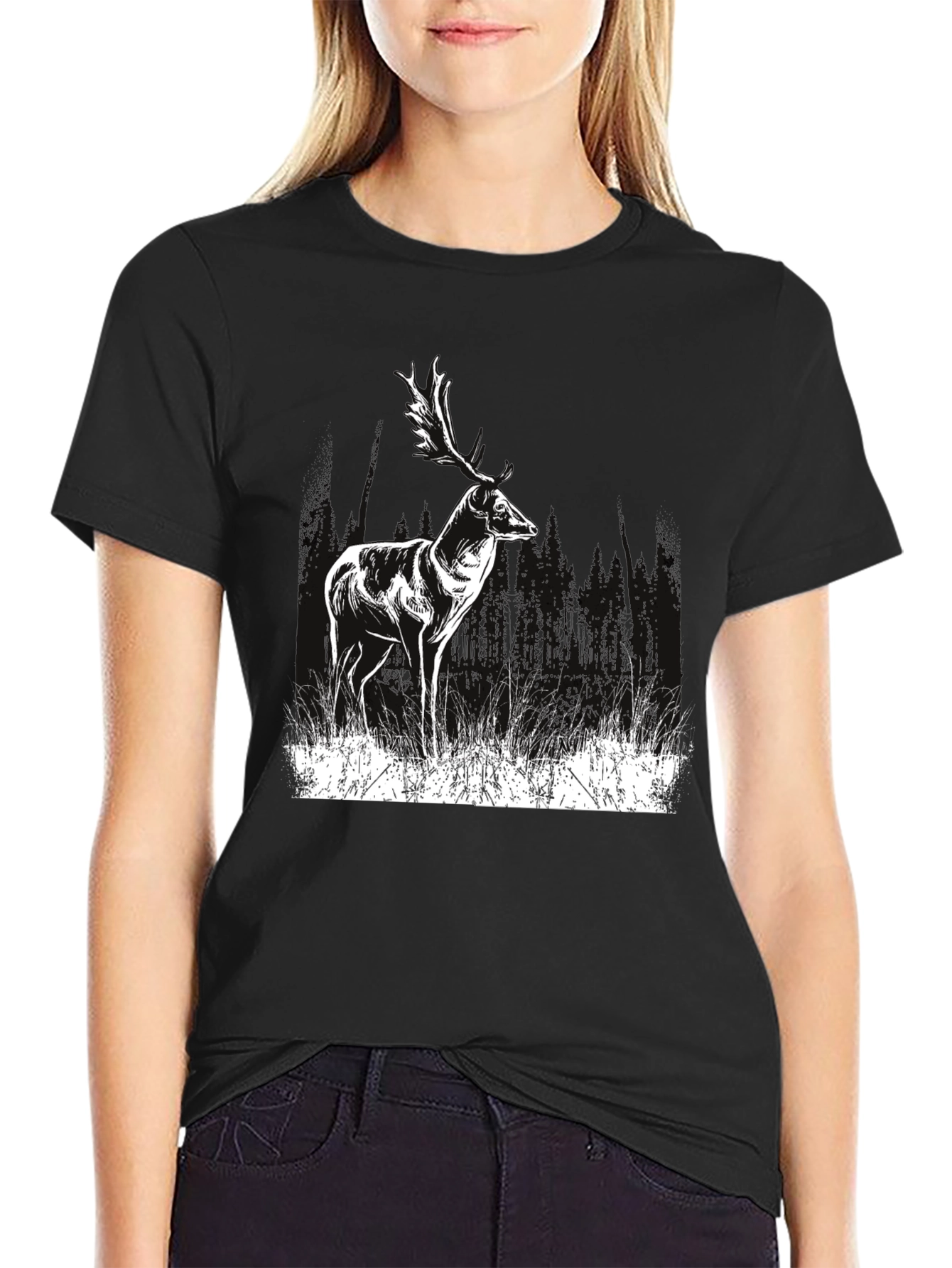 Deer Graphic Print Black T-Shirt