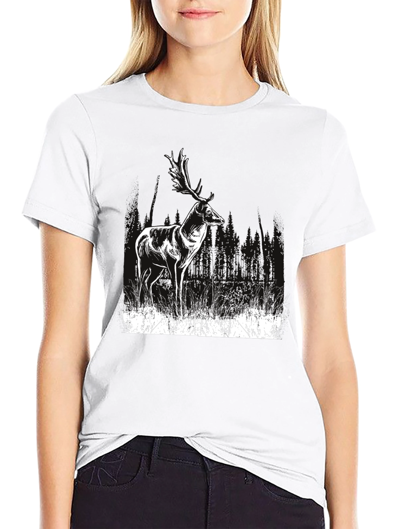 Deer Graphic Print Black T-Shirt
