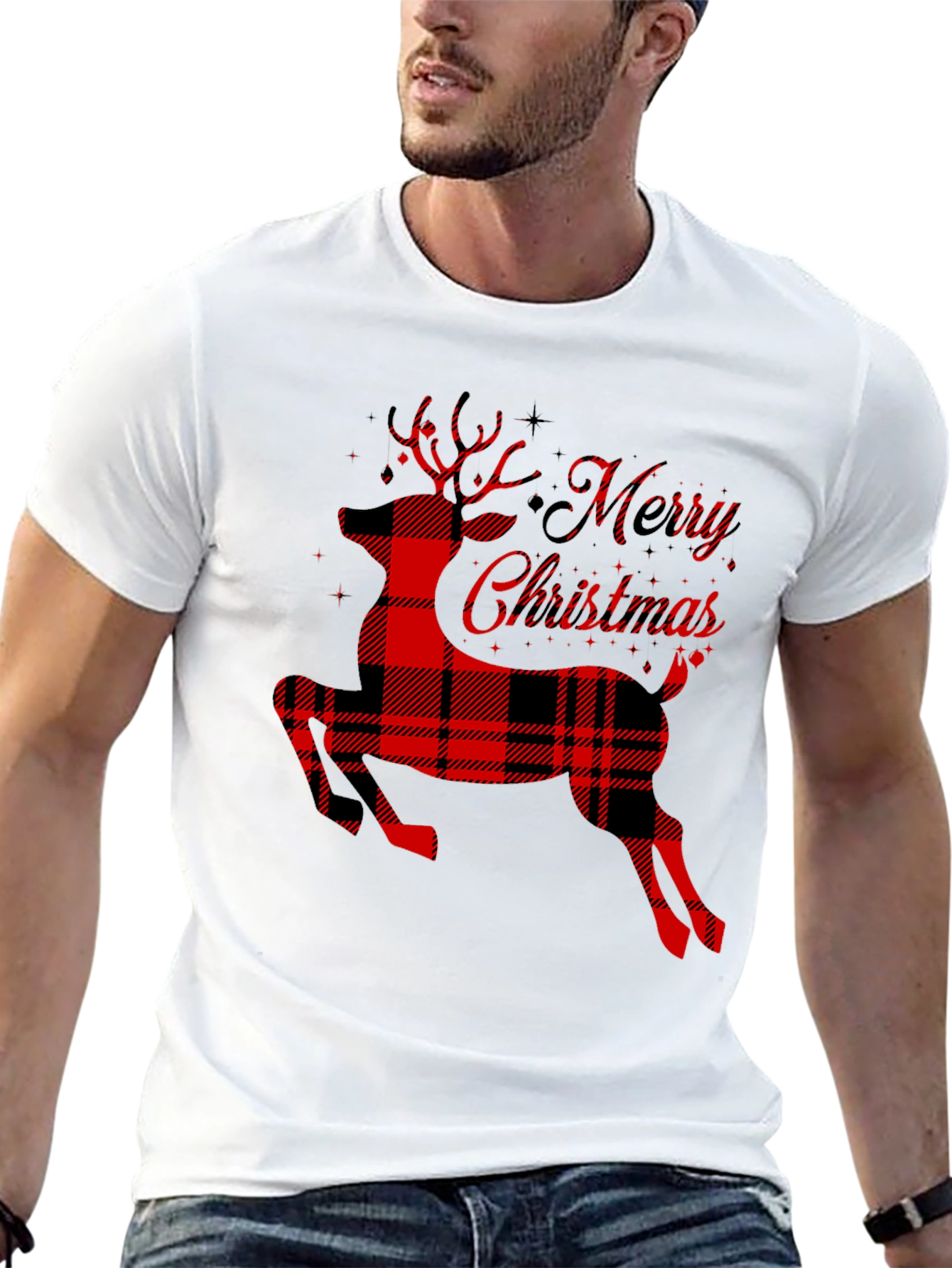 Plaid Reindeer Merry Christmas T-Shirt