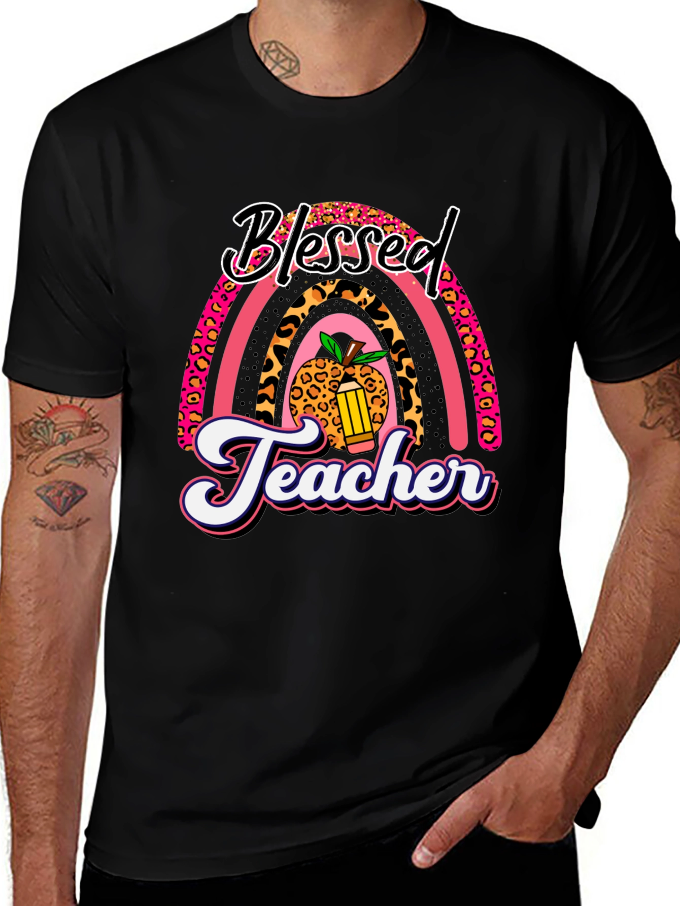 Blessed Teacher Graphic Tee - Leopard Rainbow T-Shirt