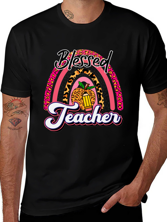 Blessed Teacher Graphic Tee - Leopard Rainbow T-Shirt