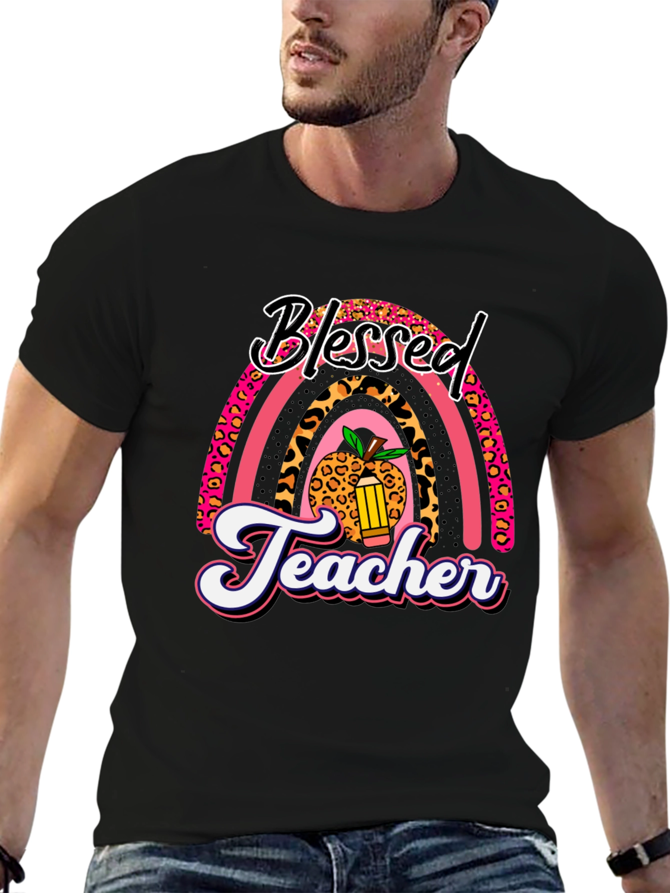 Blessed Teacher Graphic Tee - Leopard Rainbow T-Shirt