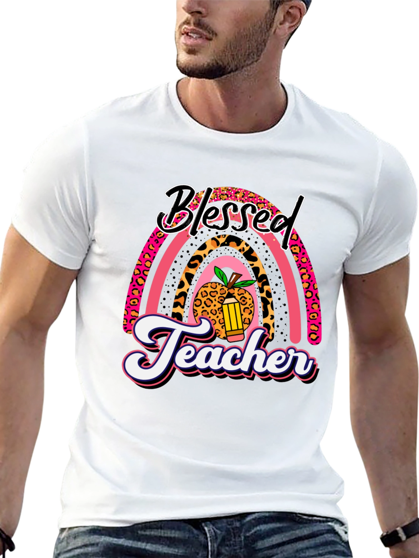 Blessed Teacher Graphic Tee - Leopard Rainbow T-Shirt