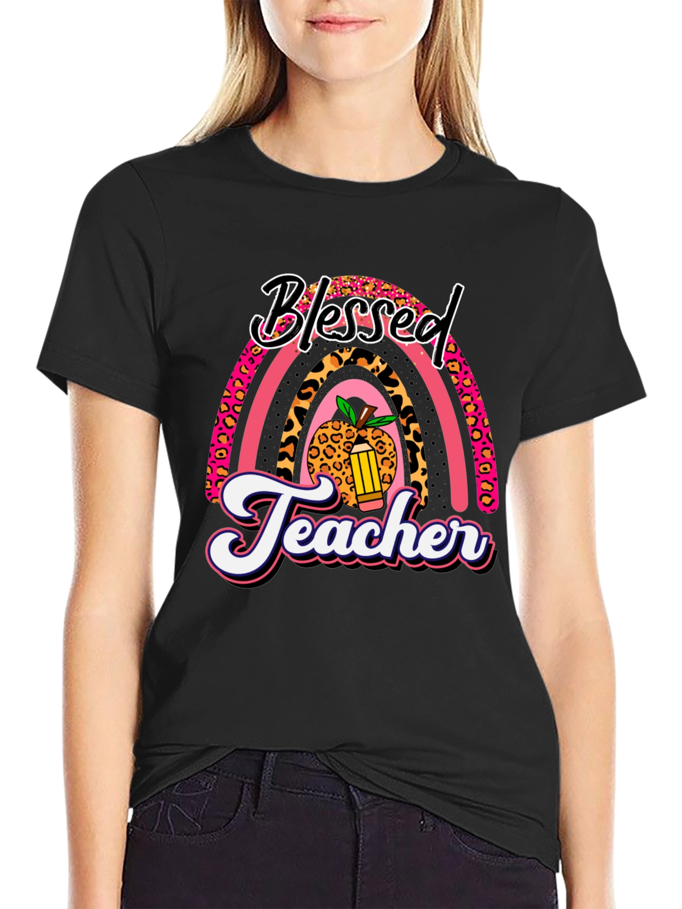 Blessed Teacher Graphic Tee - Leopard Rainbow T-Shirt