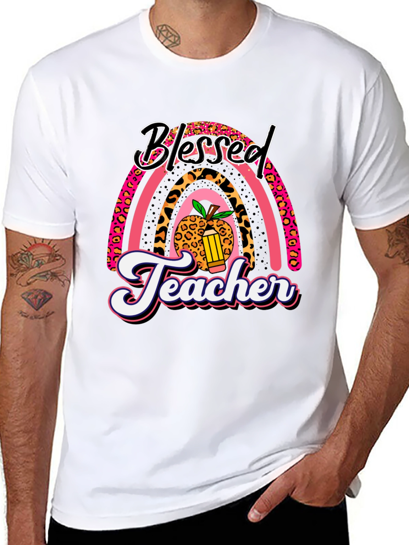 Blessed Teacher Graphic Tee - Leopard Rainbow T-Shirt