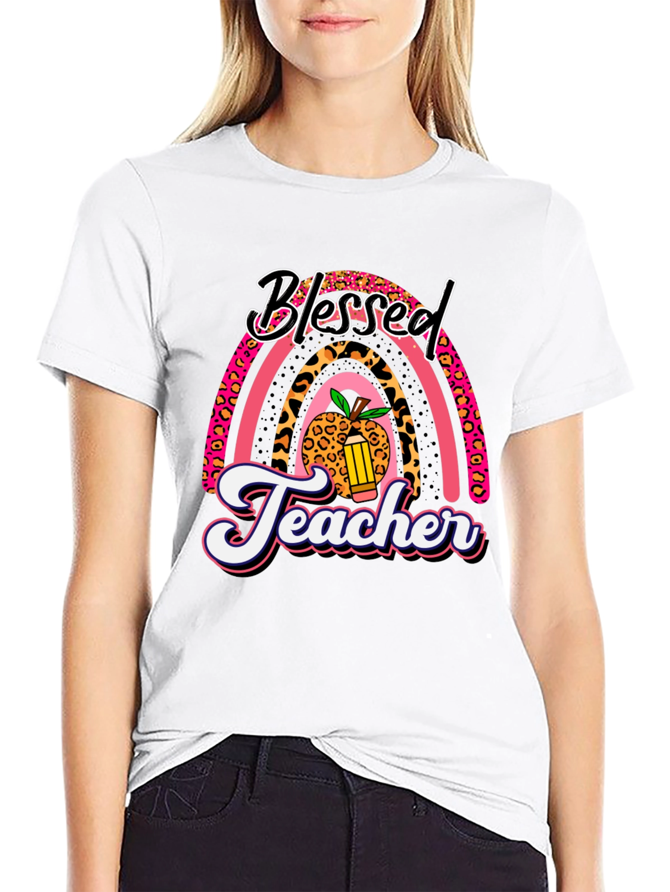 Blessed Teacher Graphic Tee - Leopard Rainbow T-Shirt