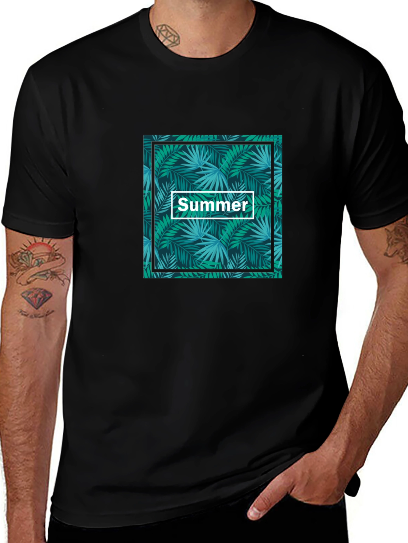 Tropical Summer Print Black T-Shirt