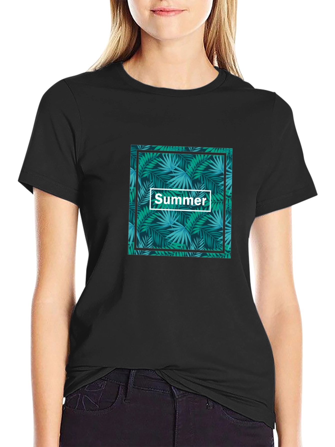 Tropical Summer Print Black T-Shirt