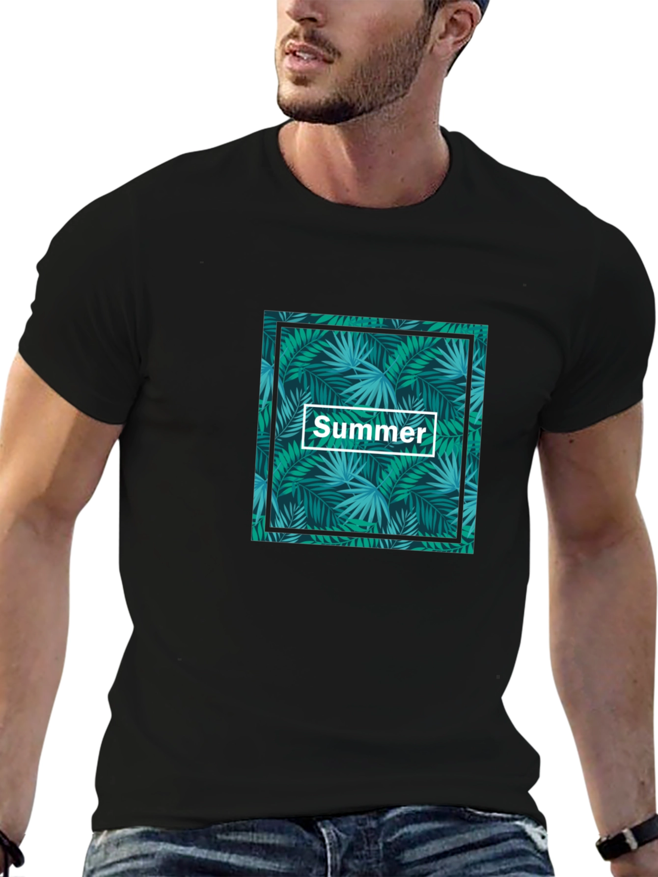 Tropical Summer Print Black T-Shirt