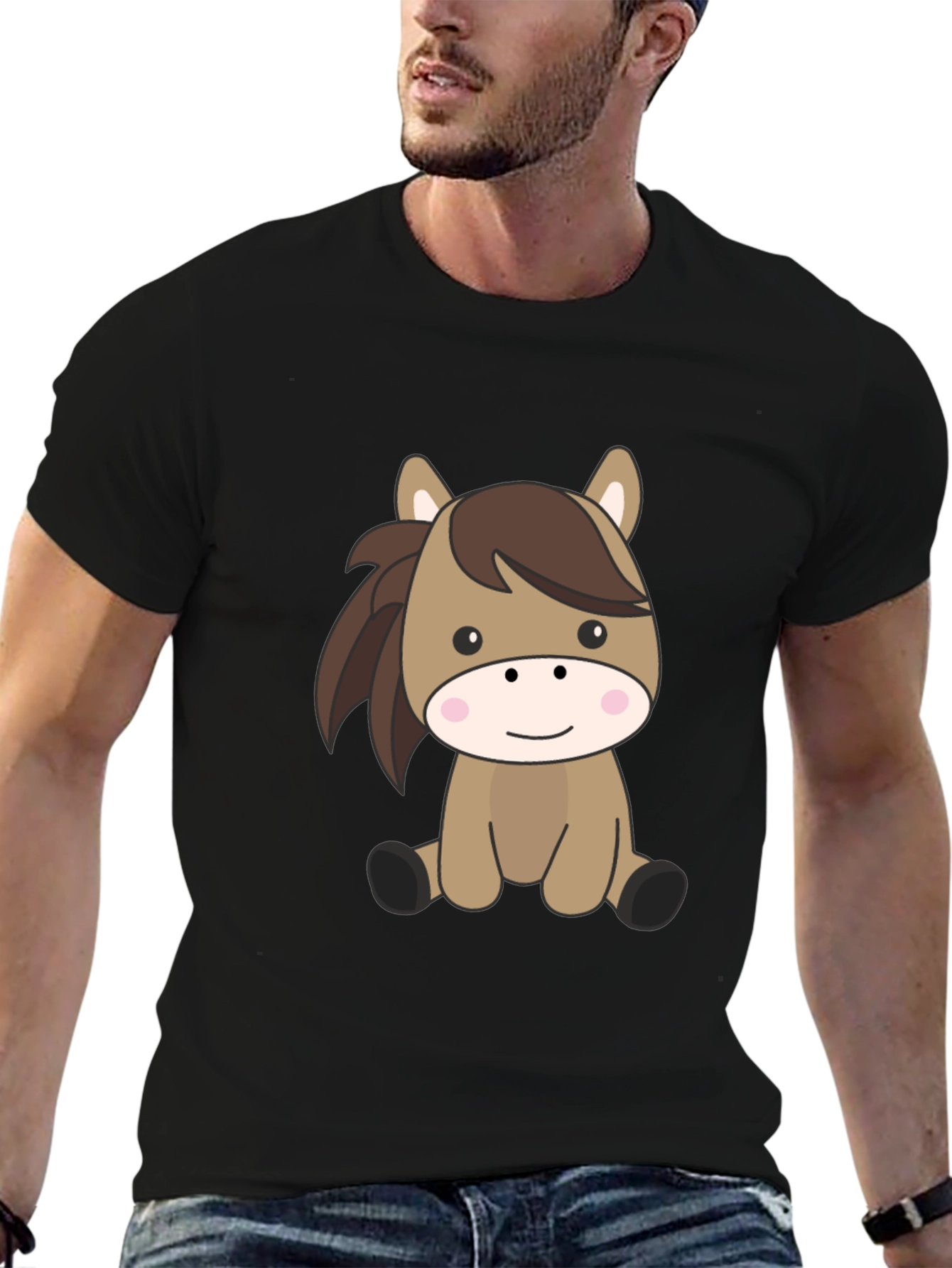 Cute Cartoon Horse Black T-Shirt