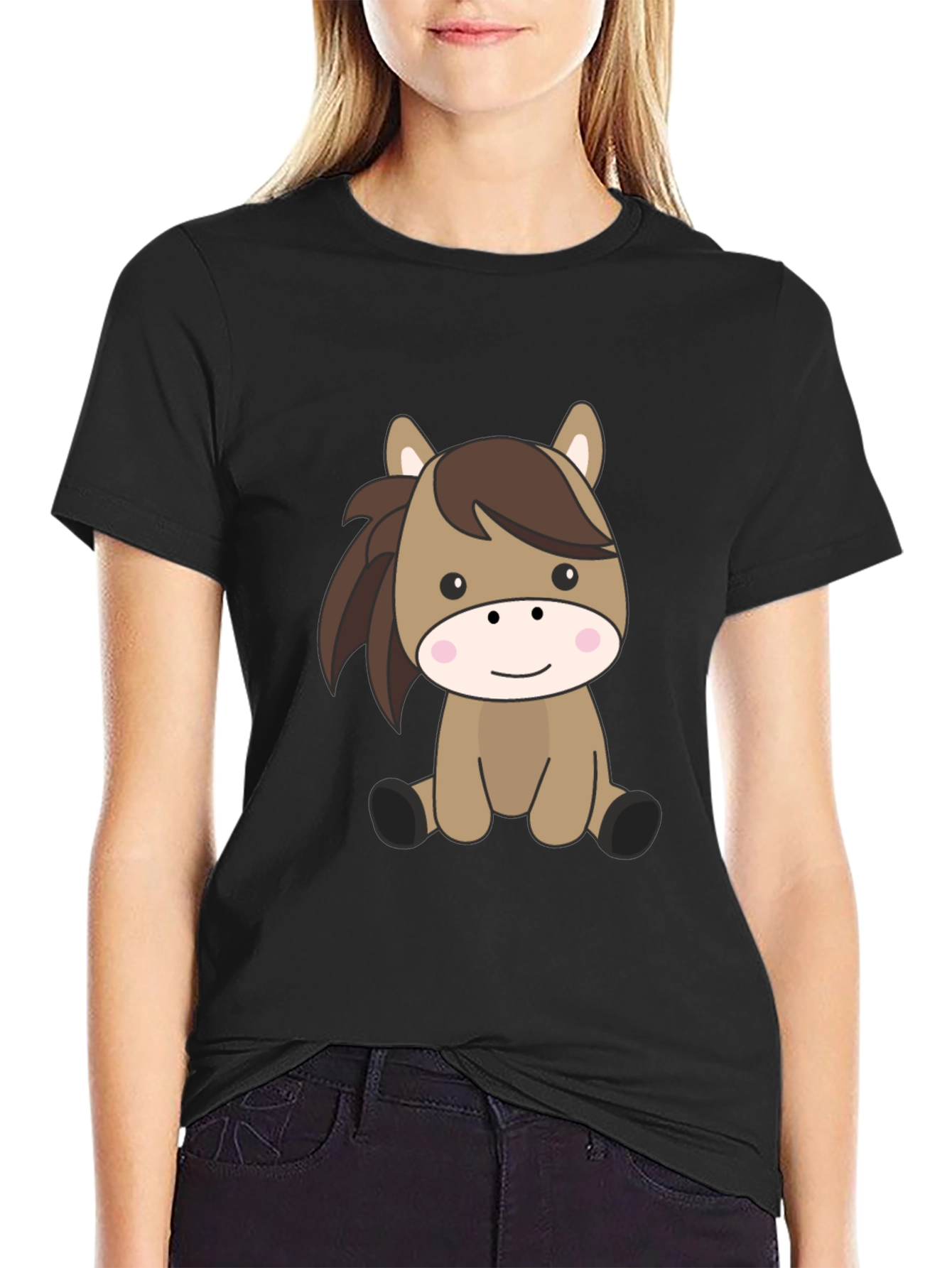 Cute Cartoon Horse Black T-Shirt