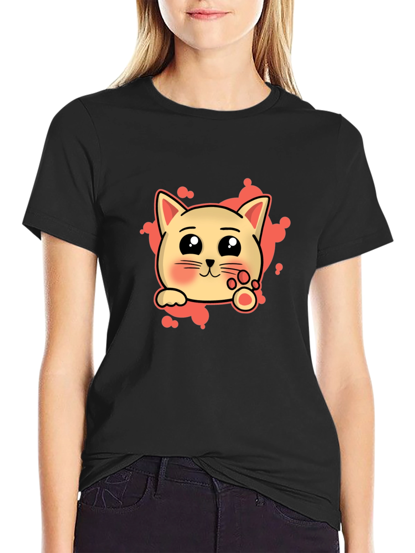 Cute Cat Cartoon Graphic Tee - Black T-Shirt
