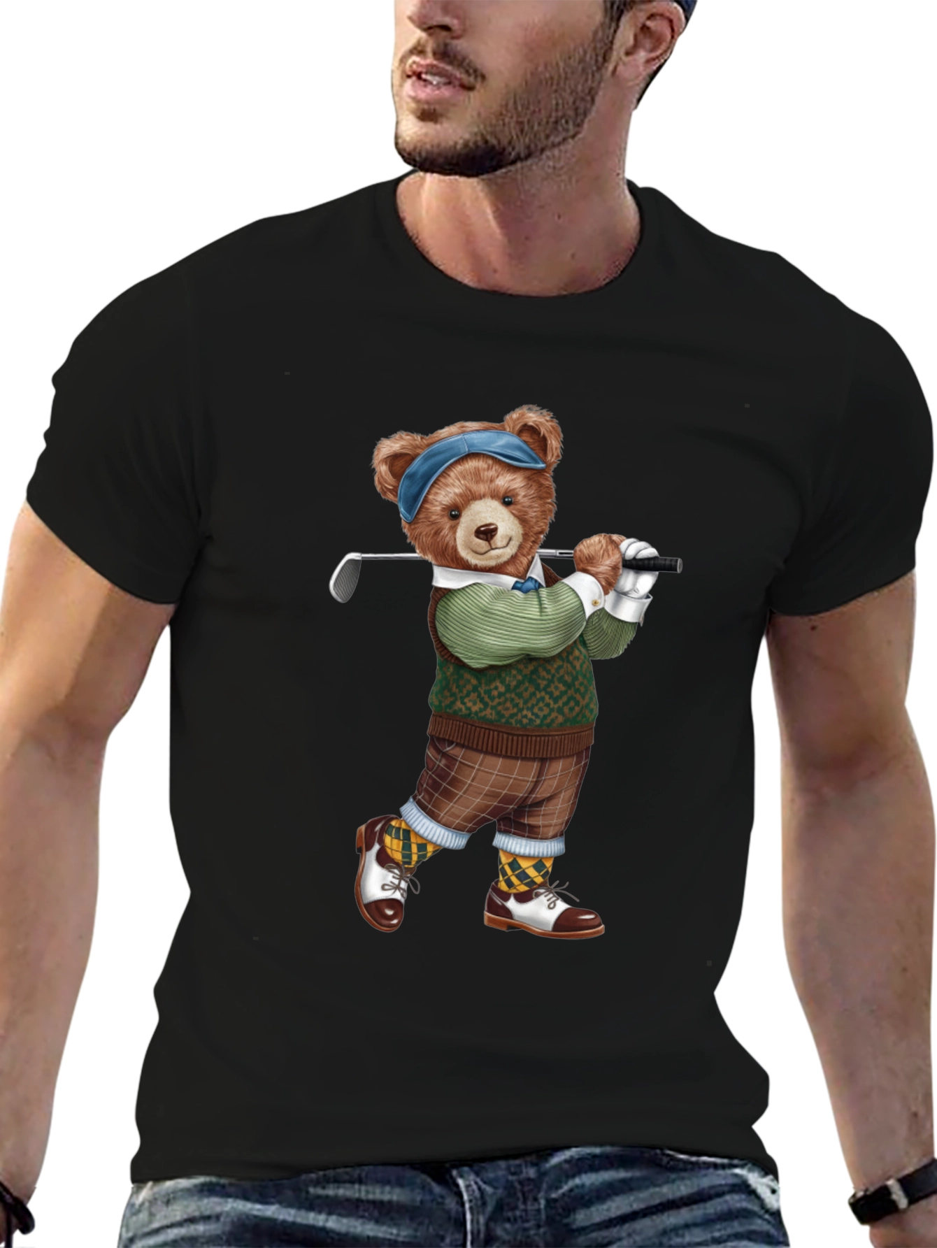 Golfing Bear Graphic Tee - Black T-Shirt