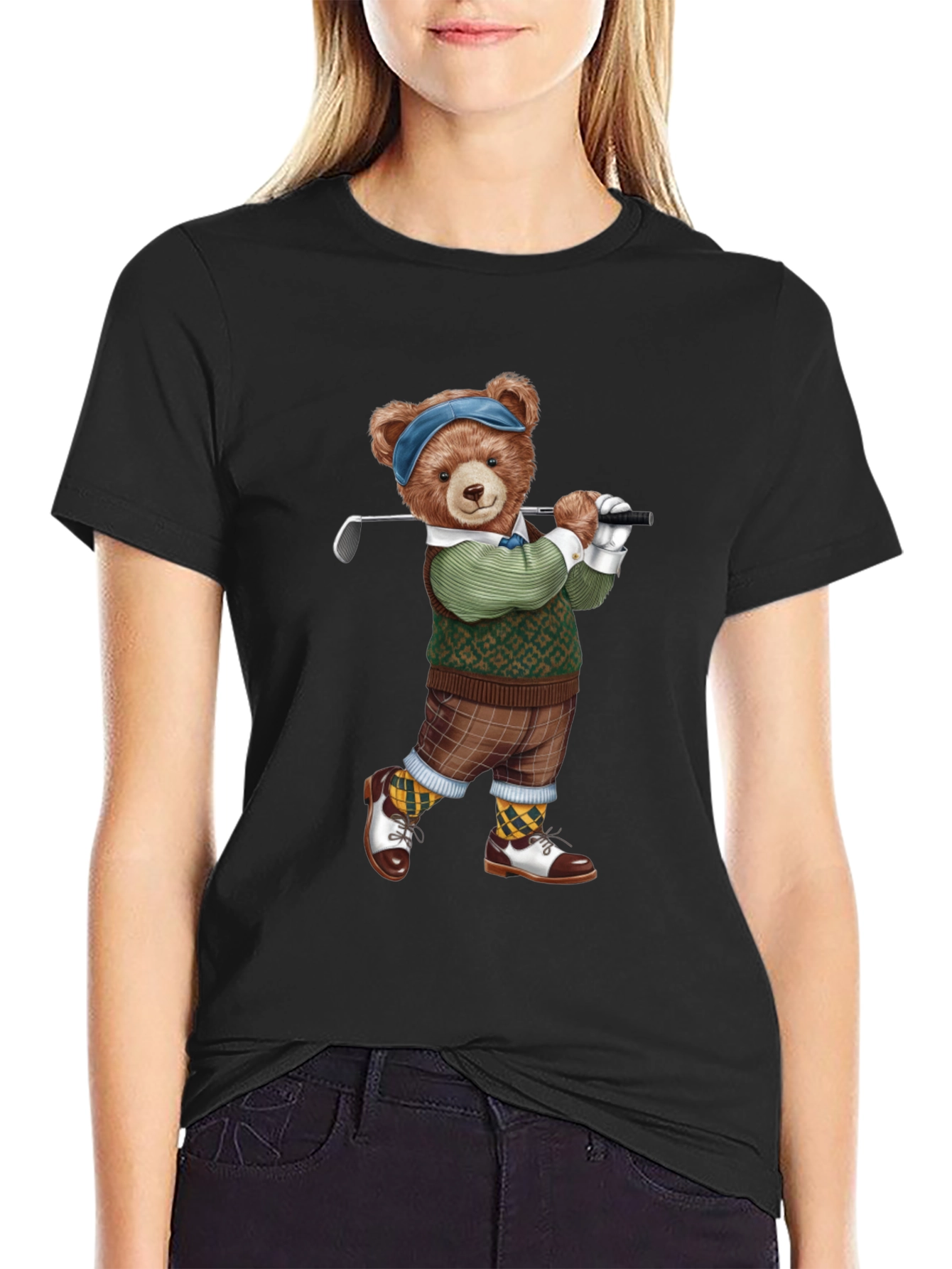 Golfing Bear Graphic Tee - Black T-Shirt