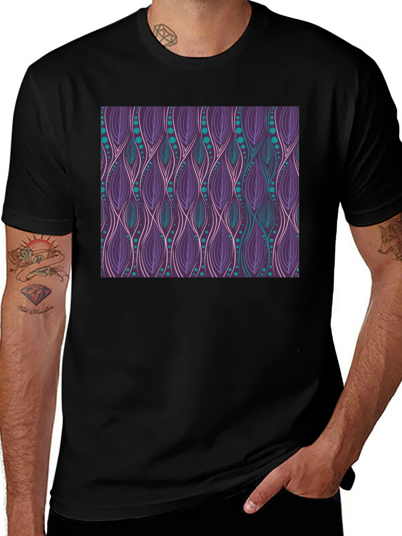 Patterned Tee: Stylish Purple & Teal Graphic T-Shirt