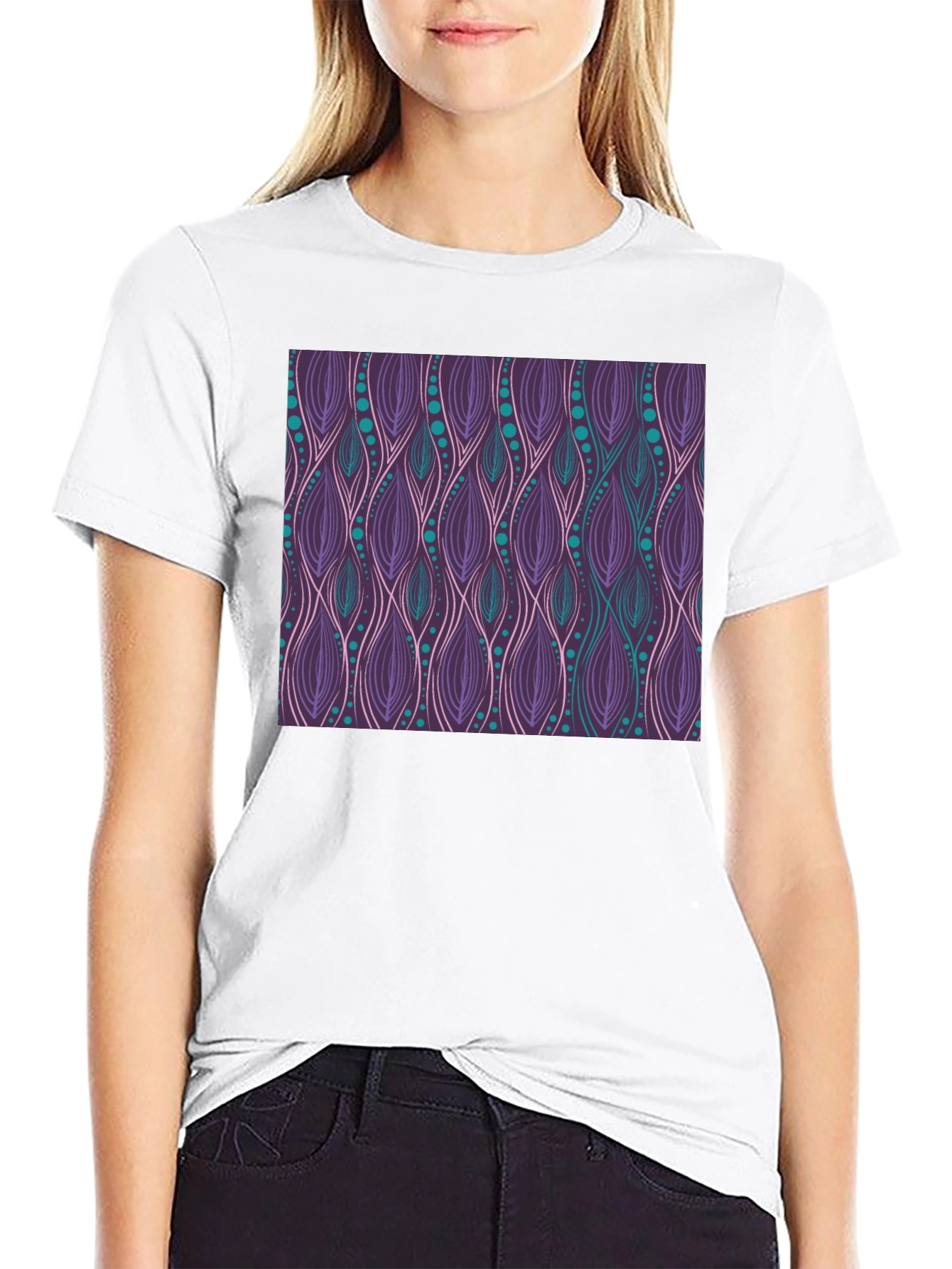 Patterned Tee: Stylish Purple & Teal Graphic T-Shirt