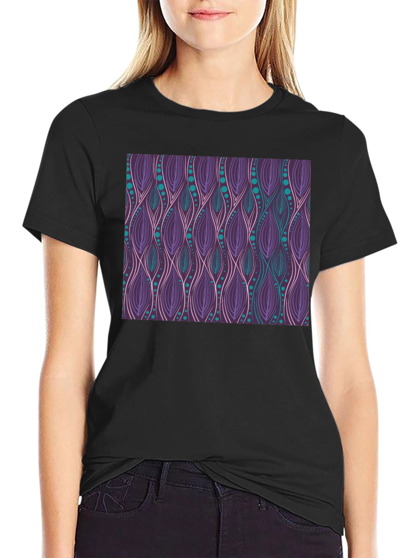 Patterned Tee: Stylish Purple & Teal Graphic T-Shirt