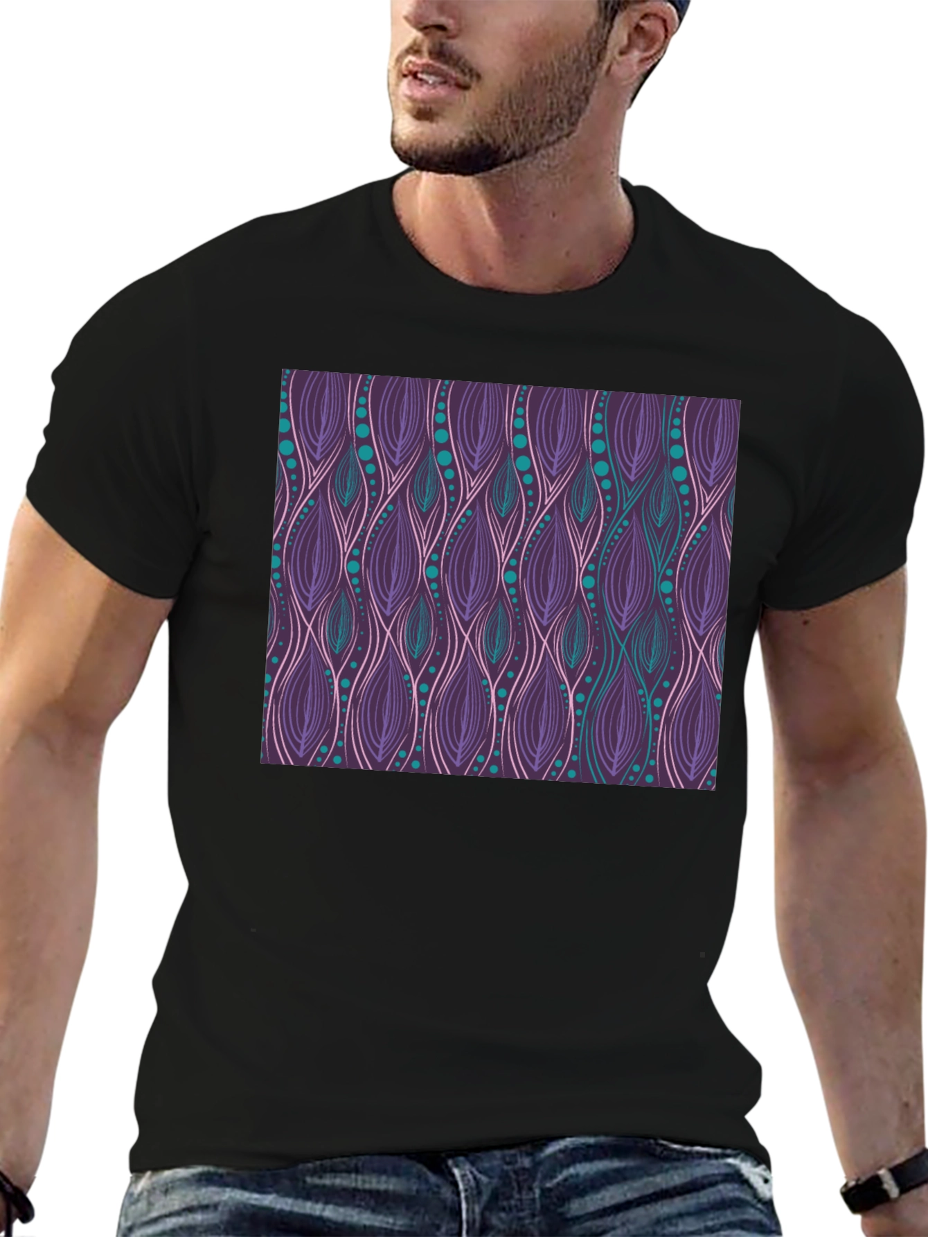 Patterned Tee: Stylish Purple & Teal Graphic T-Shirt