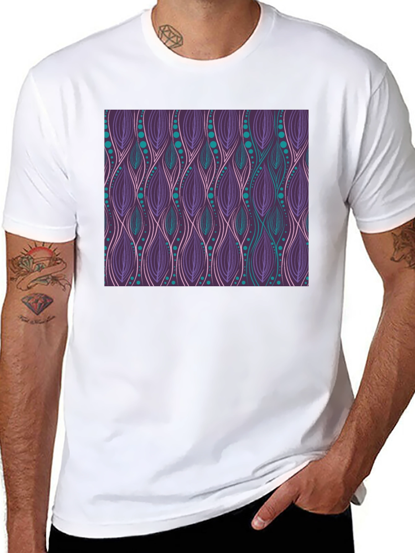 Patterned Tee: Stylish Purple & Teal Graphic T-Shirt