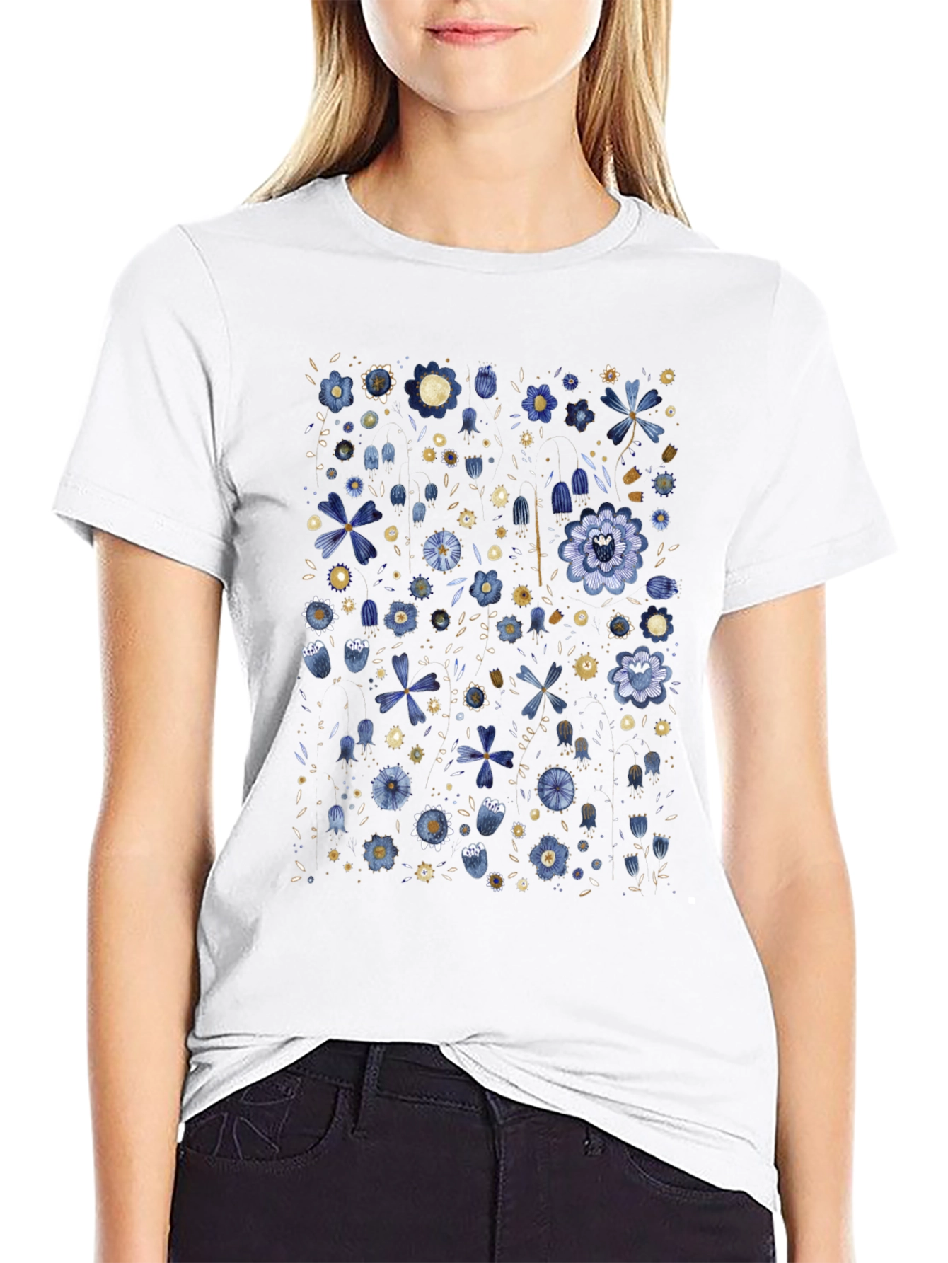 Floral Print Black Tee - Artistic Casual Wear