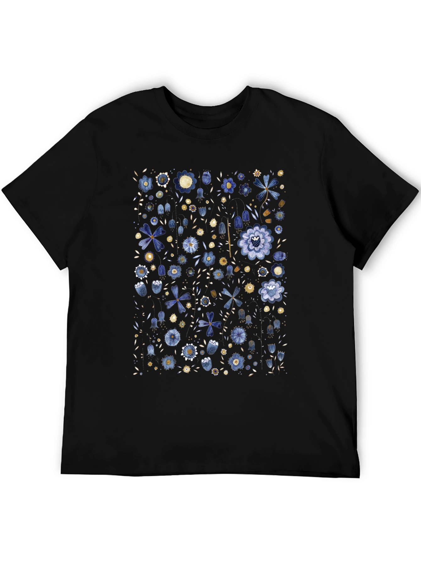 Floral Print Black Tee - Artistic Casual Wear