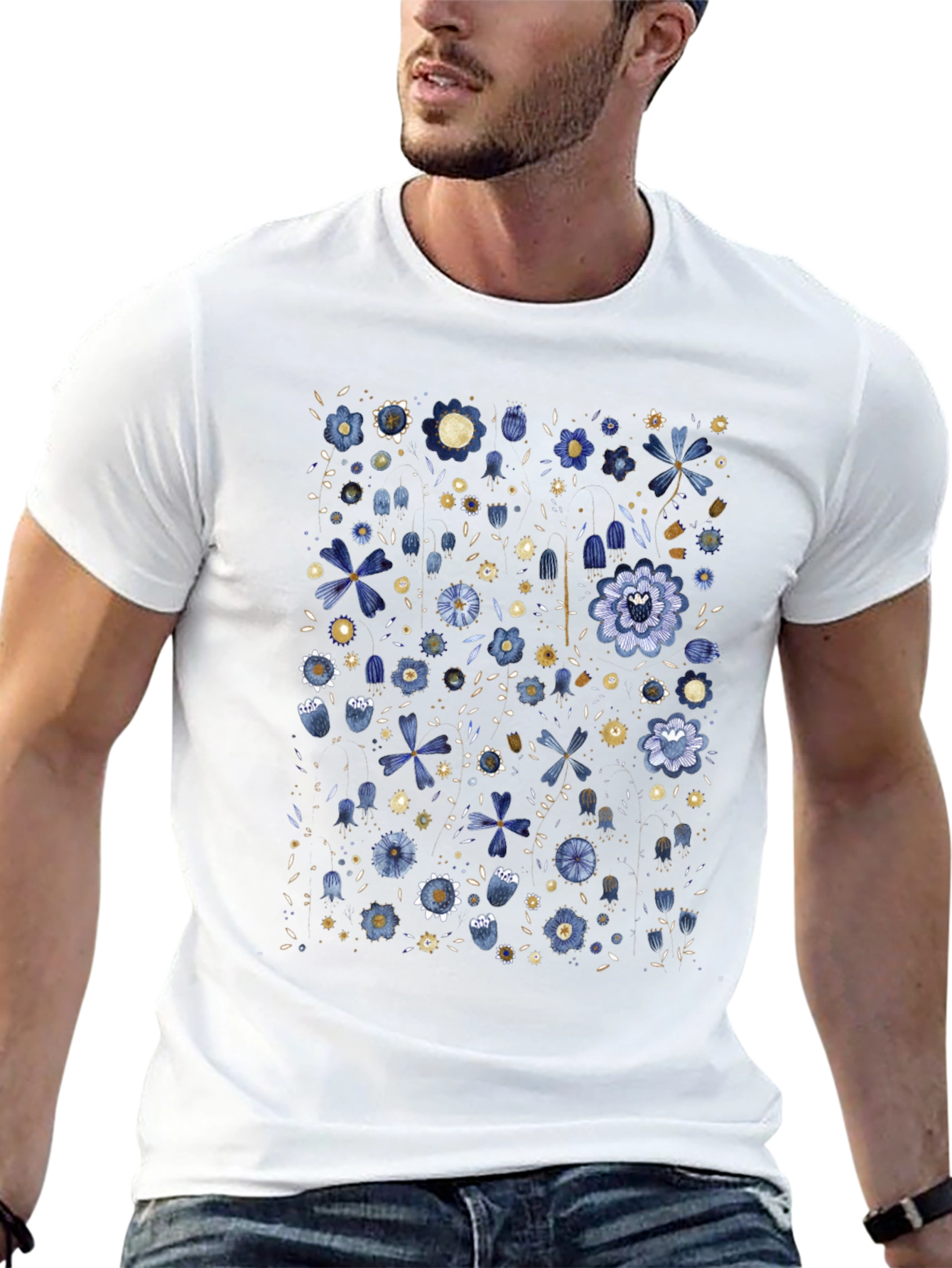 Floral Print Black Tee - Artistic Casual Wear