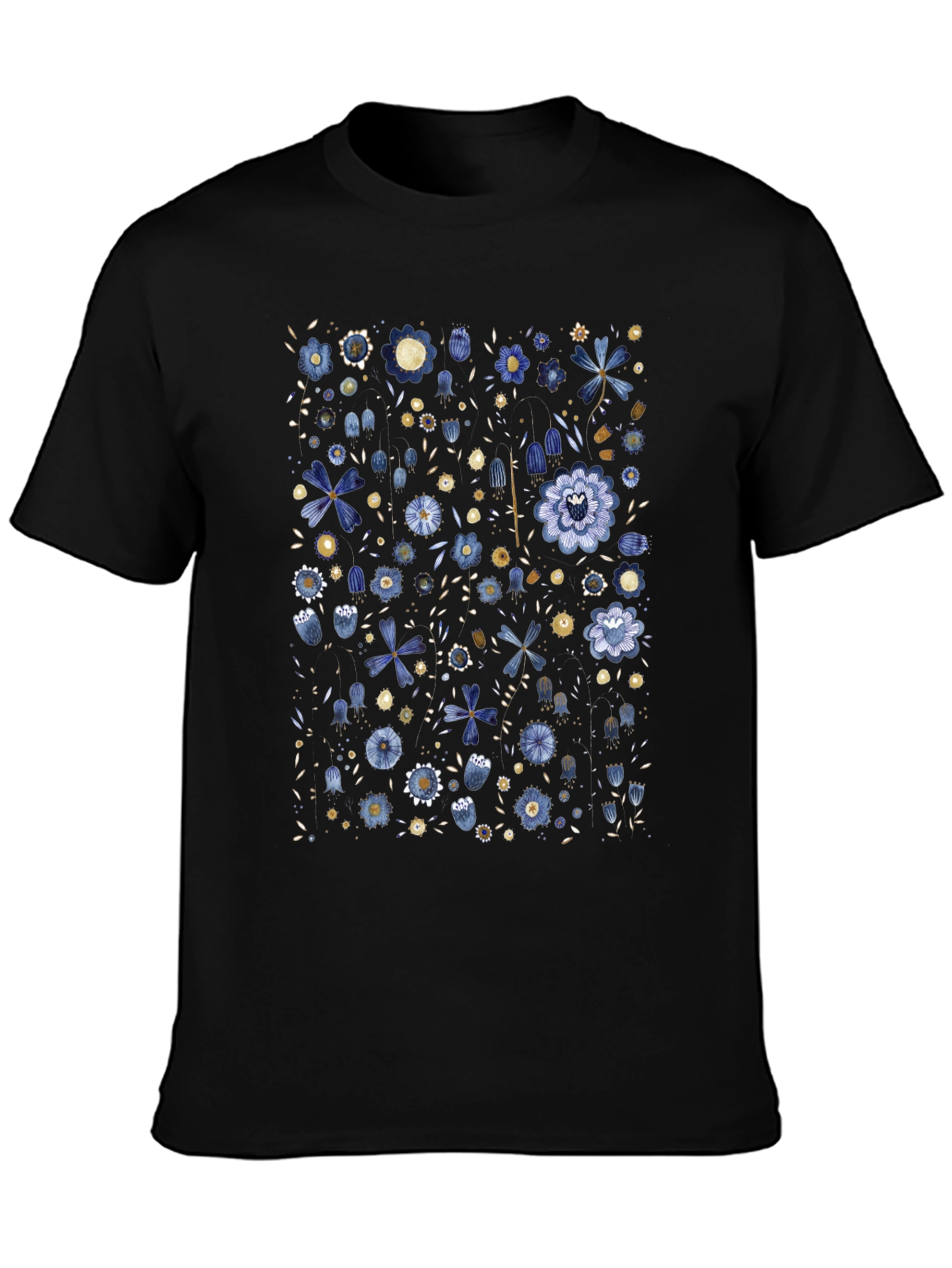 Floral Print Black Tee - Artistic Casual Wear
