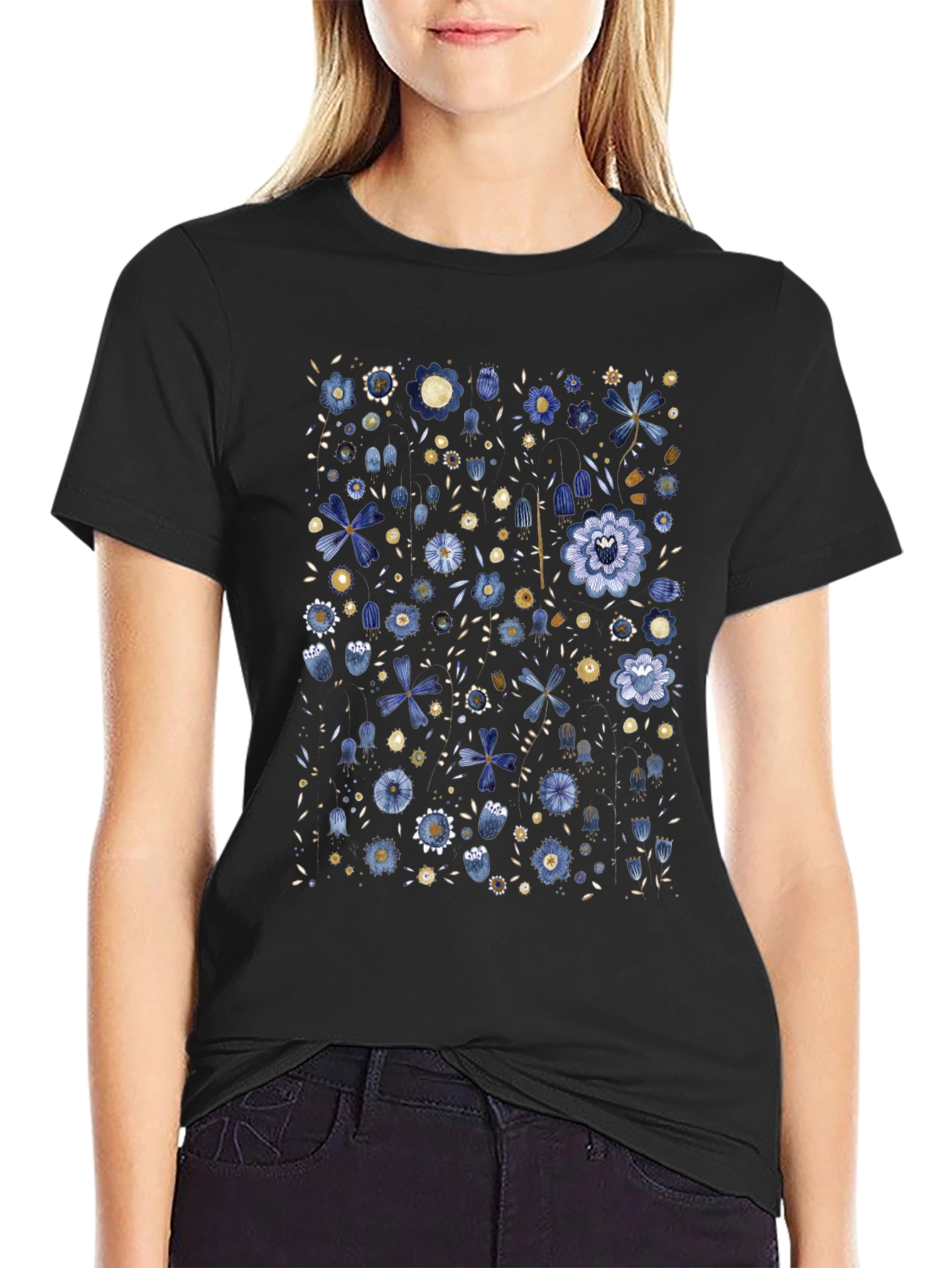 Floral Print Black Tee - Artistic Casual Wear