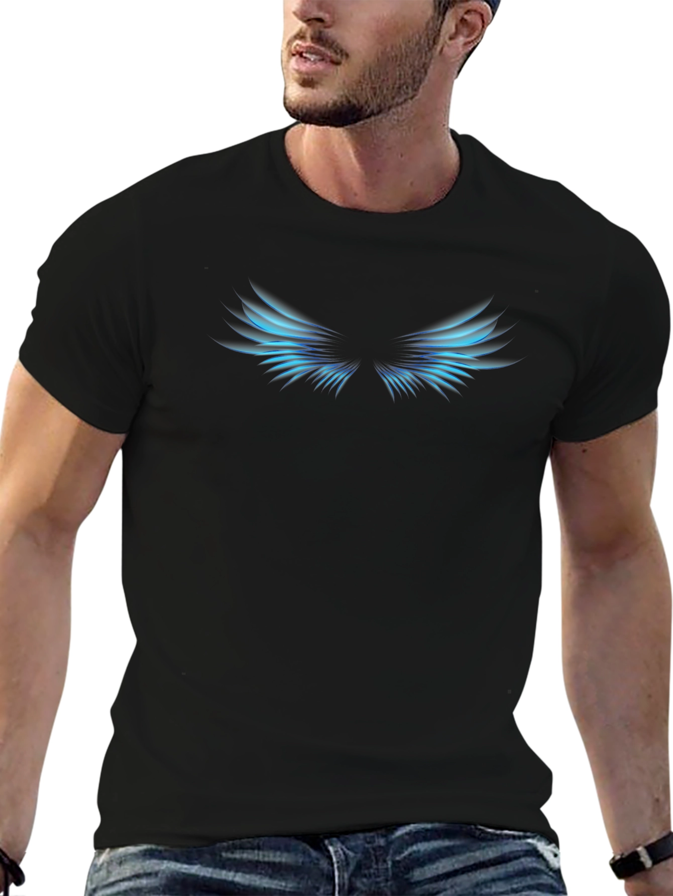 Cool Black T-Shirt with Blue Wings Design