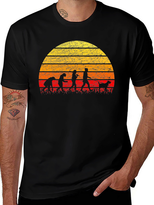 Evolution of Dog Walking T-Shirt - Retro Sunset Design