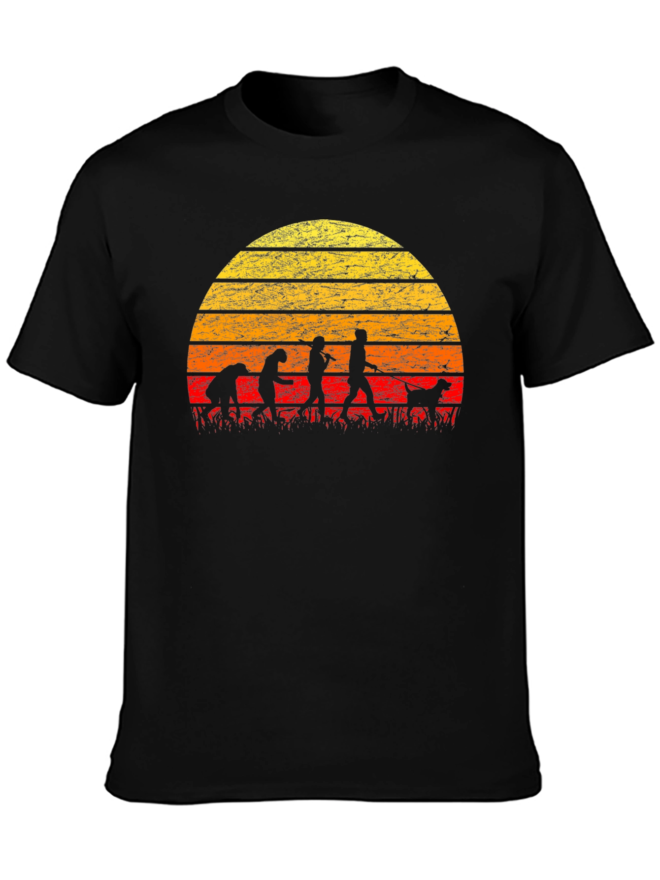Evolution of Dog Walking T-Shirt - Retro Sunset Design