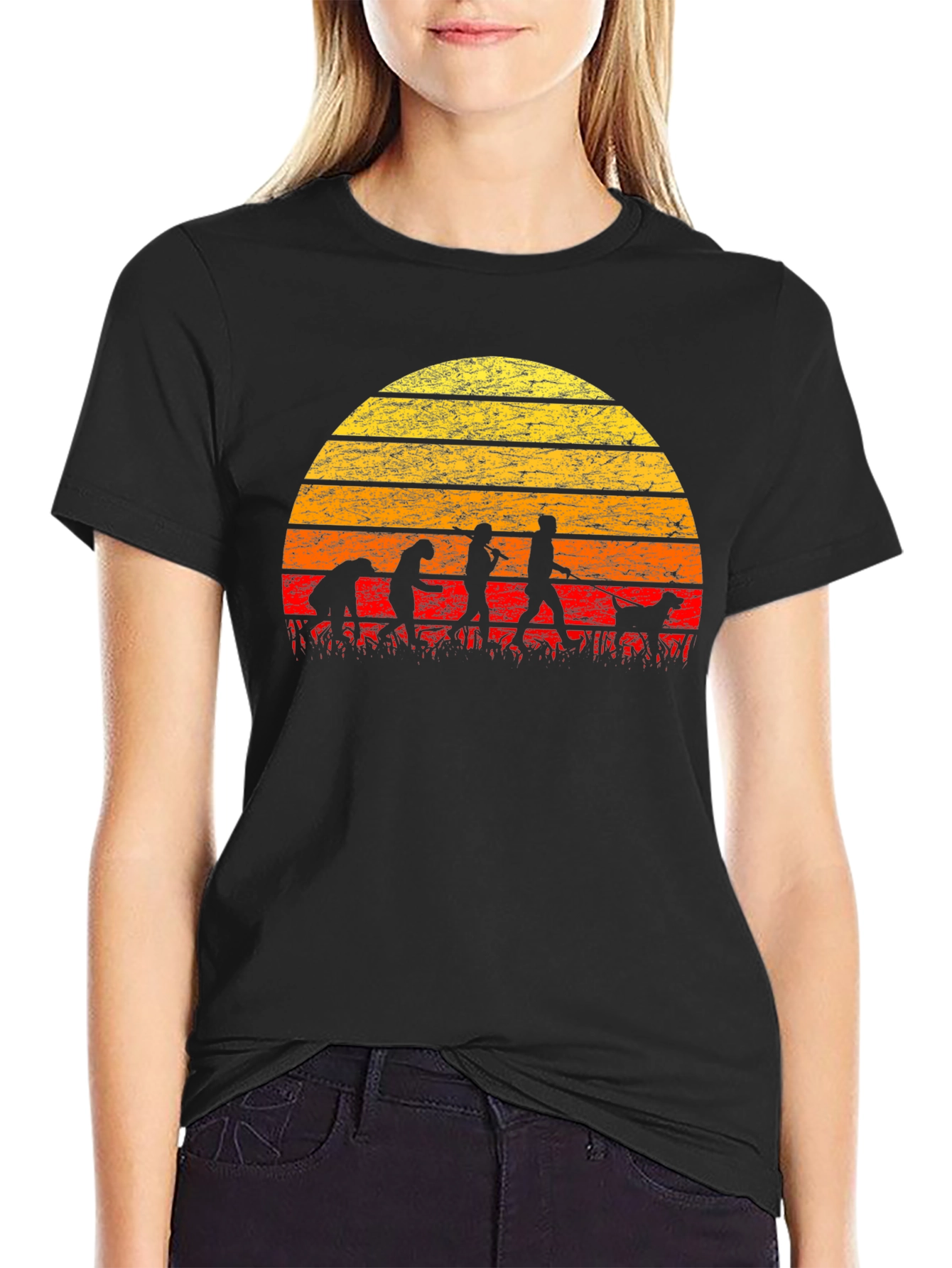 Evolution of Dog Walking T-Shirt - Retro Sunset Design