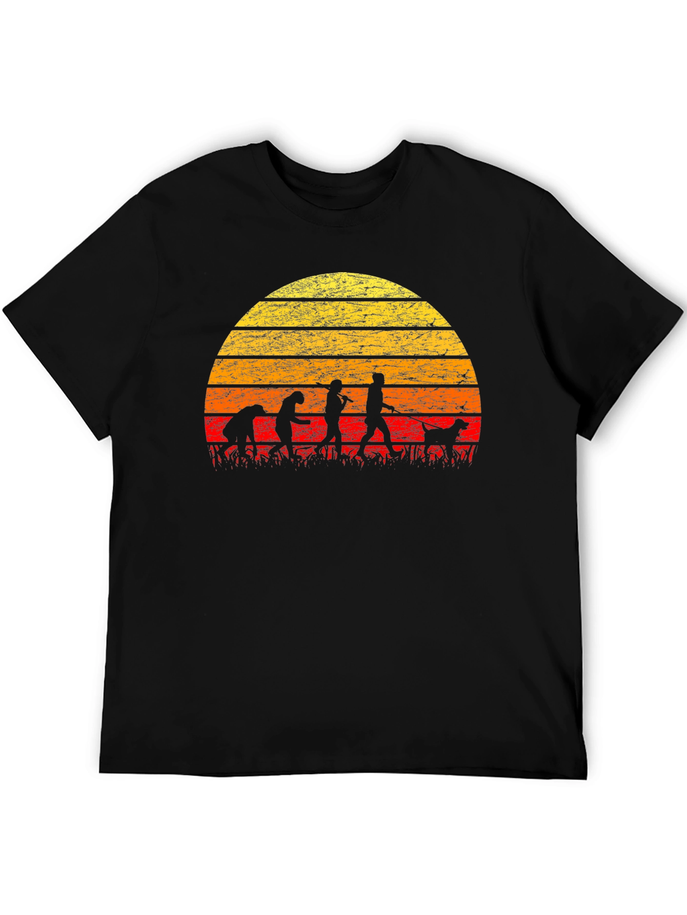 Evolution of Dog Walking T-Shirt - Retro Sunset Design