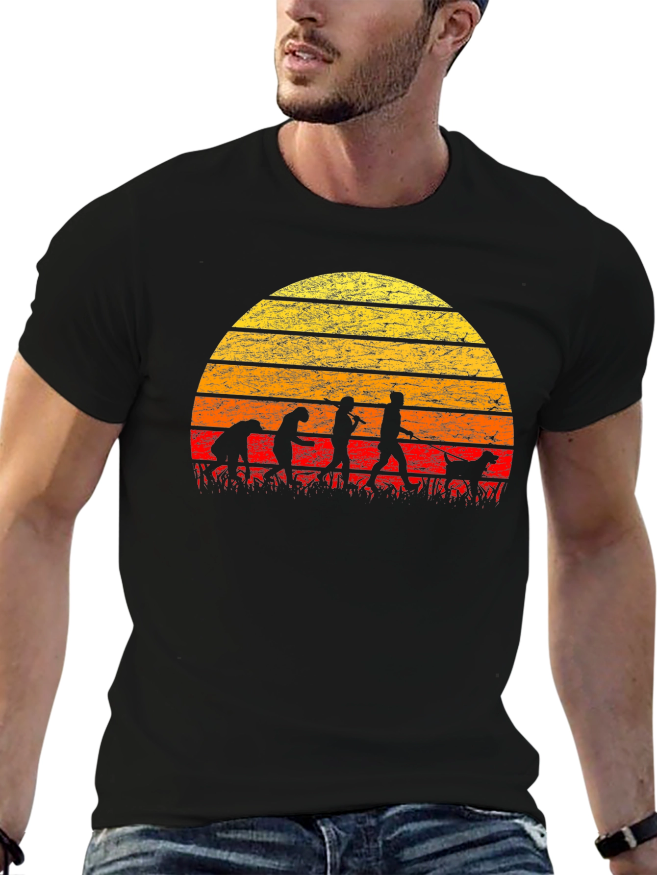 Evolution of Dog Walking T-Shirt - Retro Sunset Design