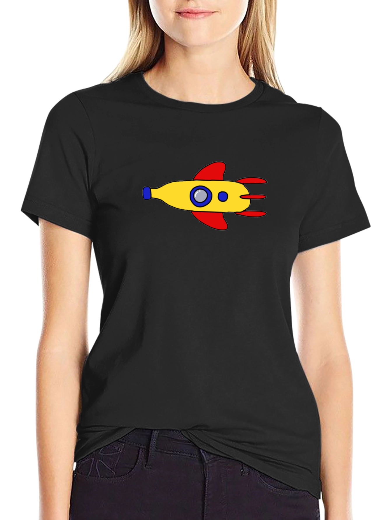 Retro Rocket Graphic Tee - Black Cotton Blend
