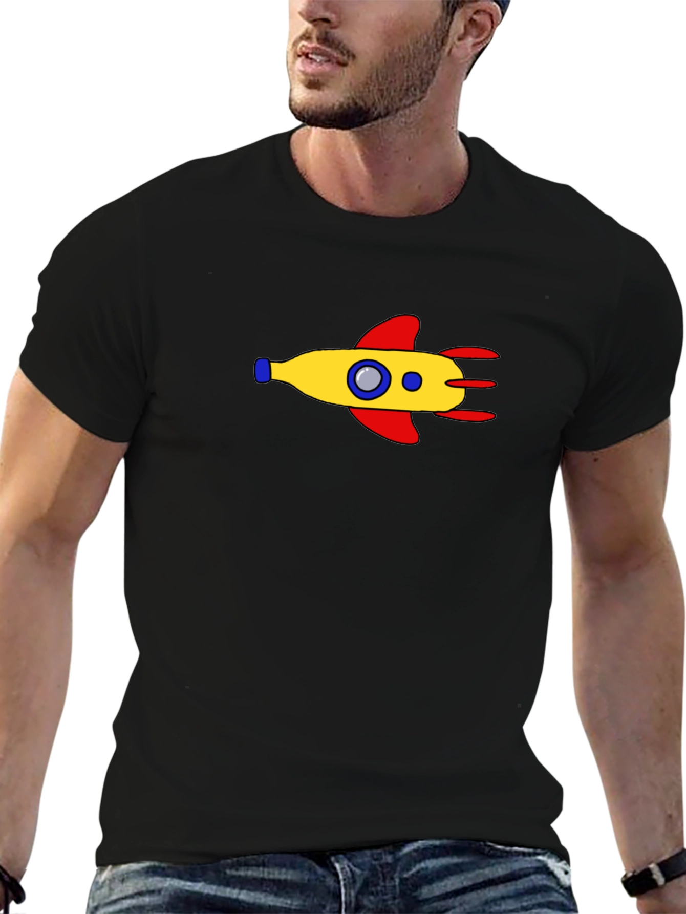 Retro Rocket Graphic Tee - Black Cotton Blend