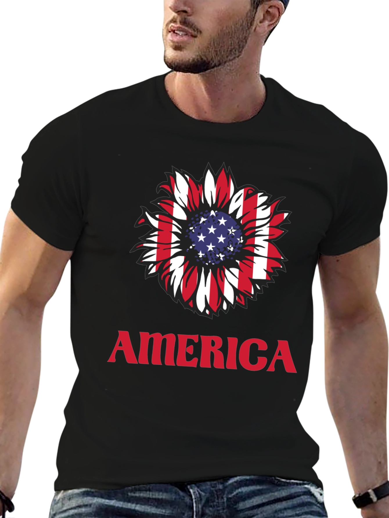 USA Flag Sunflower Graphic T-Shirt
