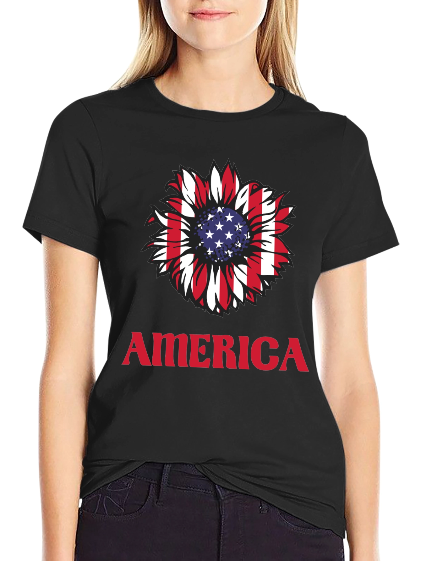 USA Flag Sunflower Graphic T-Shirt
