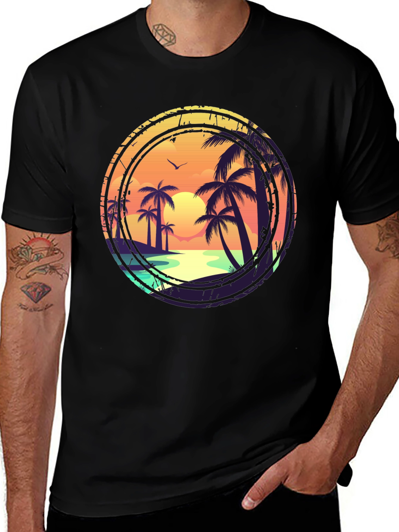 Sunset Beach Graphic Tee - Tropical Palm Tree Design