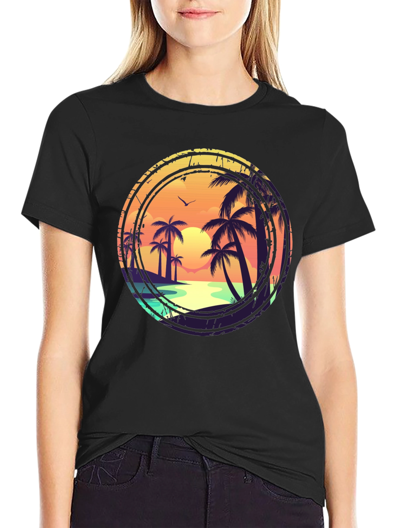 Sunset Beach Graphic Tee - Tropical Palm Tree Design